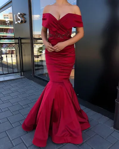 GORGEOUS OFF-THE-SHOULDER BURGUNDY JEWEL MERMAID PROM DRESS SA127