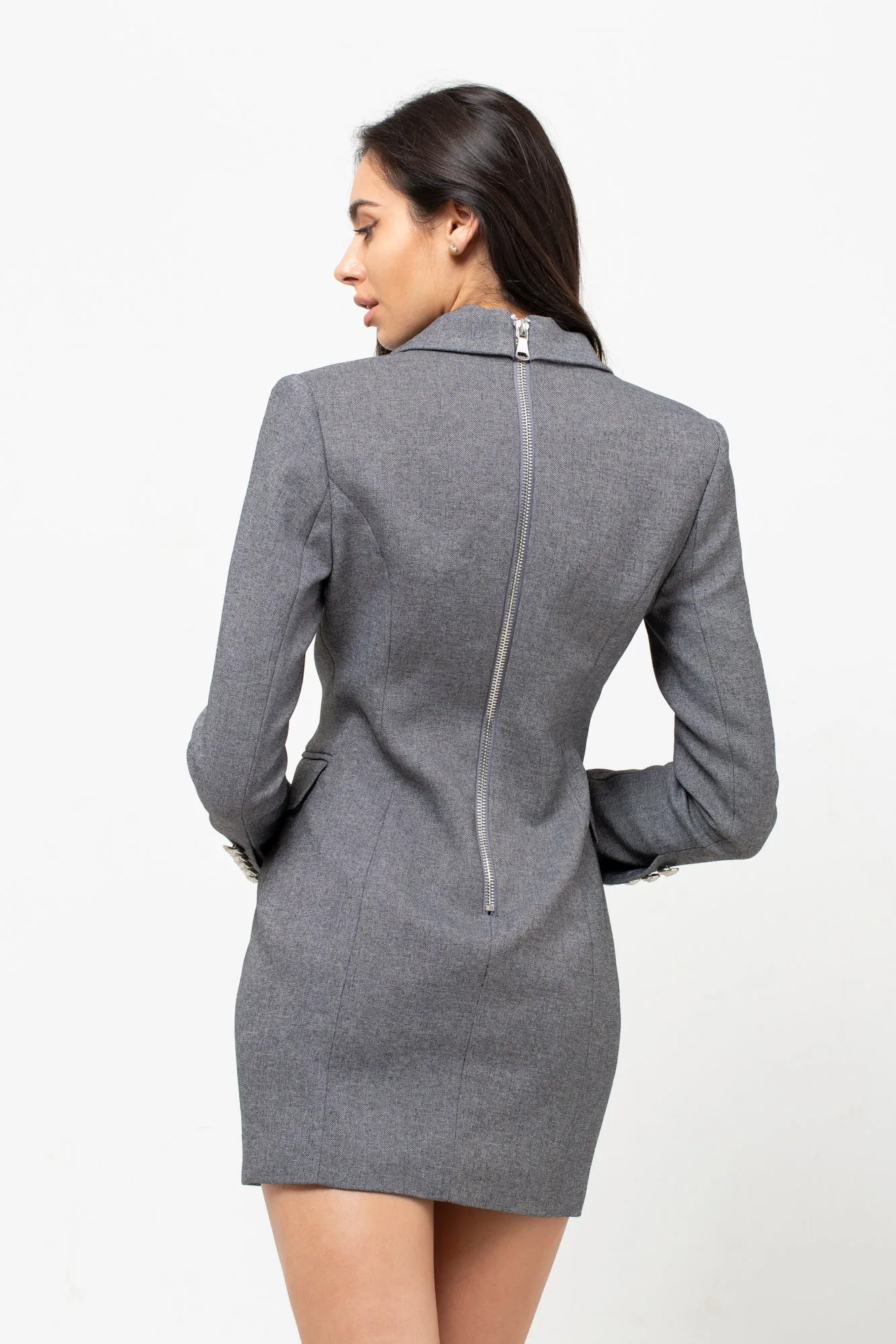 GREY SILVER BUTTON BLAZER DRESS