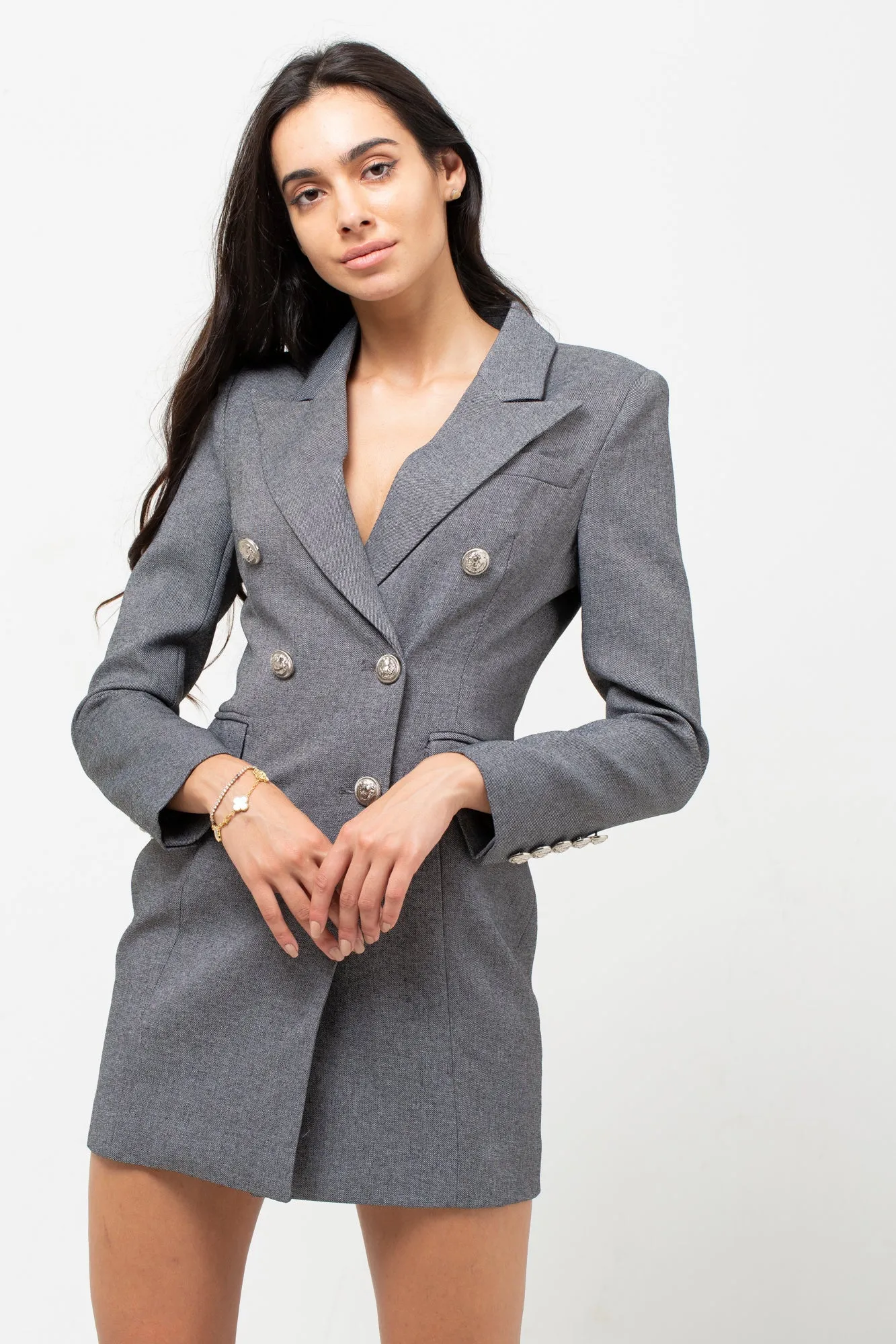 GREY SILVER BUTTON BLAZER DRESS