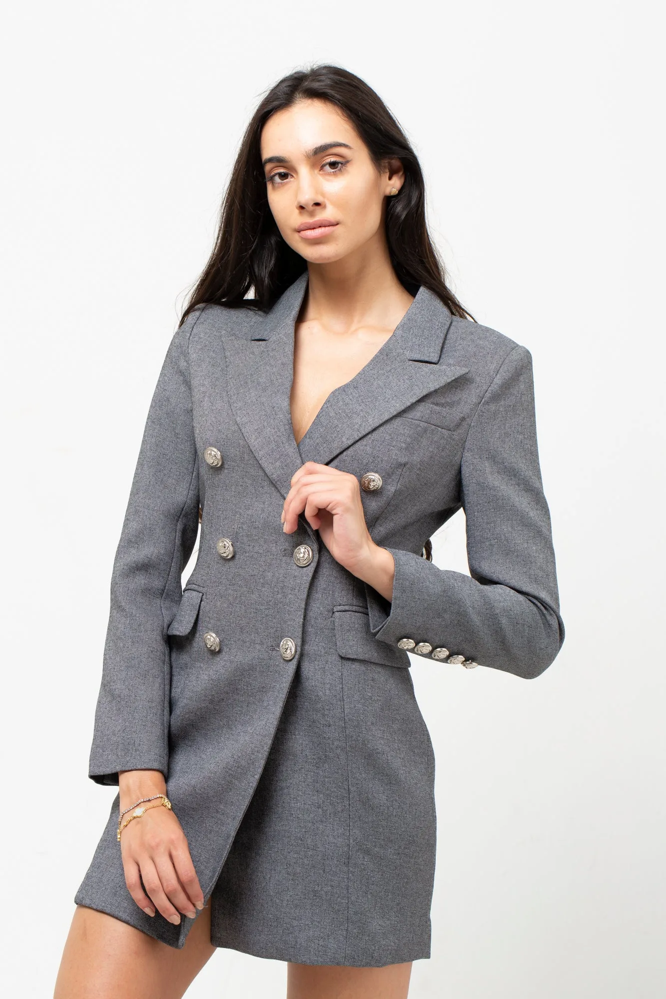 GREY SILVER BUTTON BLAZER DRESS