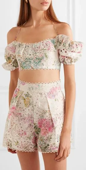 'Heathers' Off-the-Shoulder Floral-Print Broderie Anglaise Top and Short Set