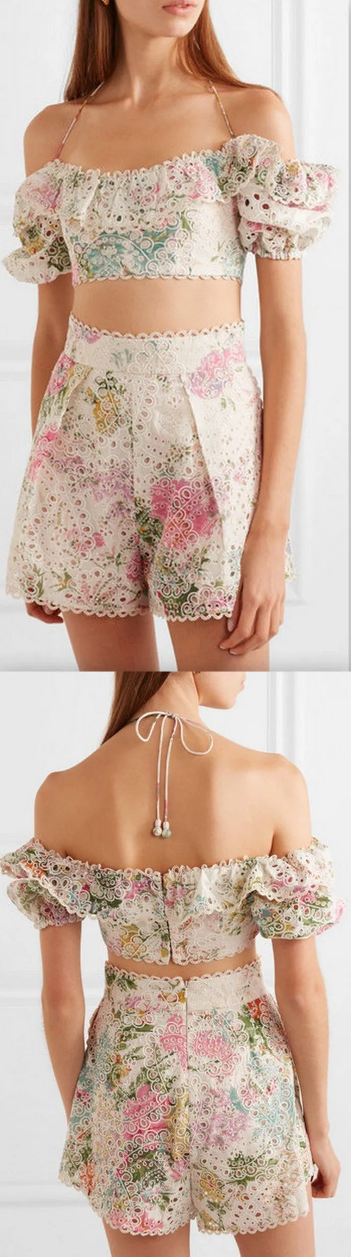 'Heathers' Off-the-Shoulder Floral-Print Broderie Anglaise Top and Short Set