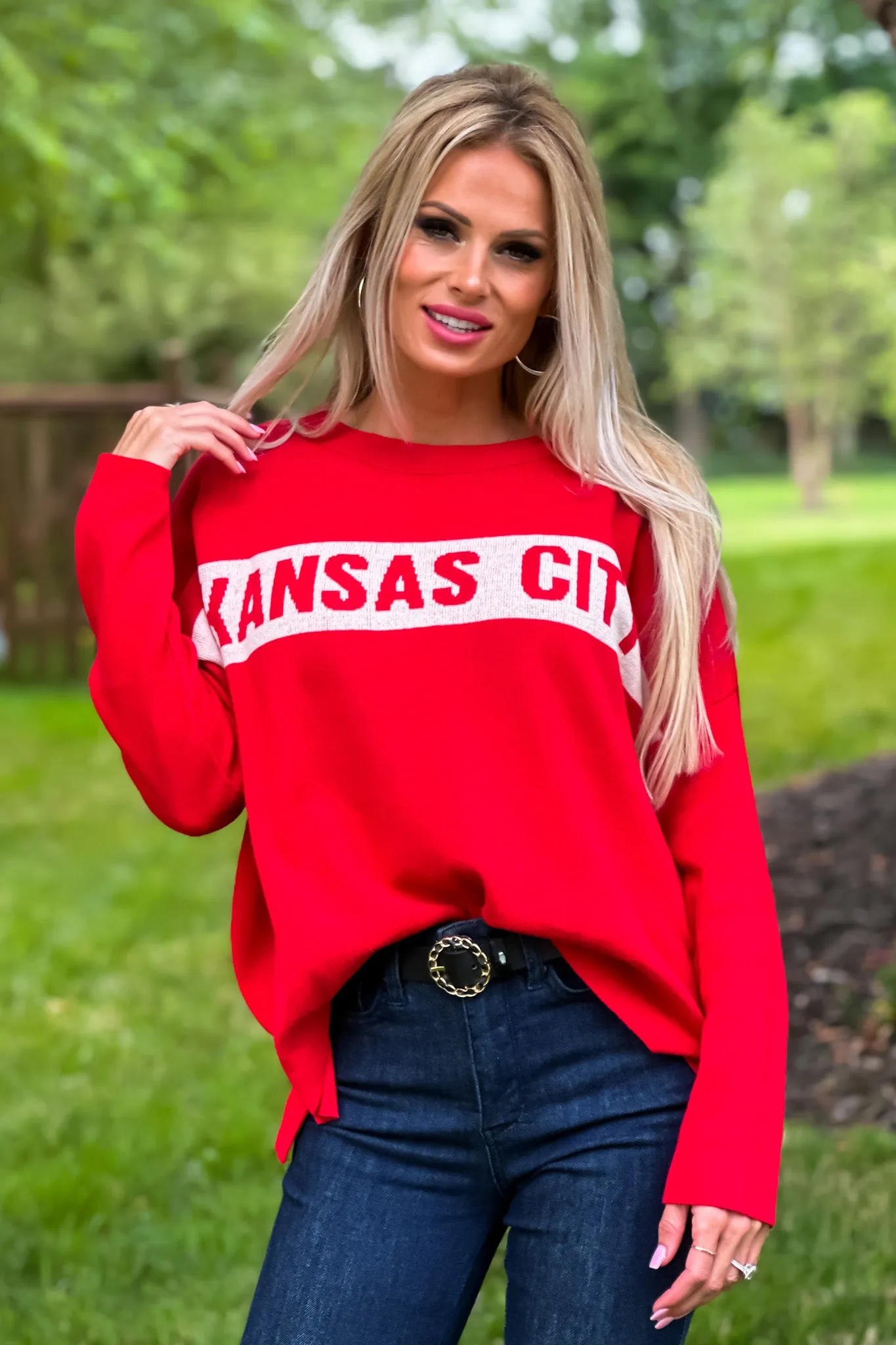 Kansas City Drop Shoulder Sweater : Red/Natural