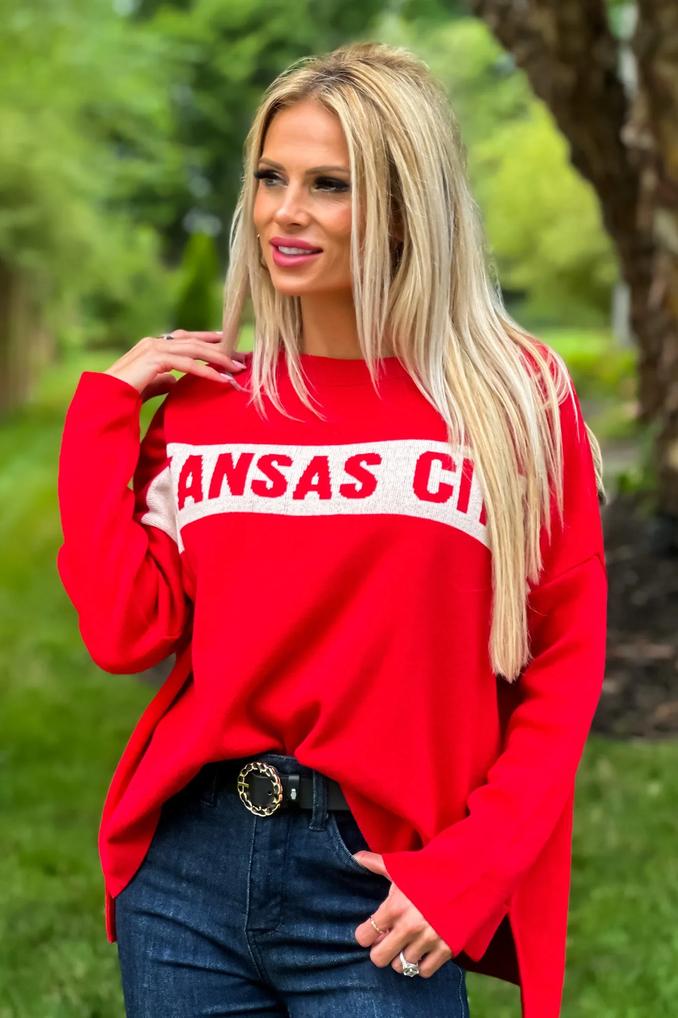 Kansas City Drop Shoulder Sweater : Red/Natural