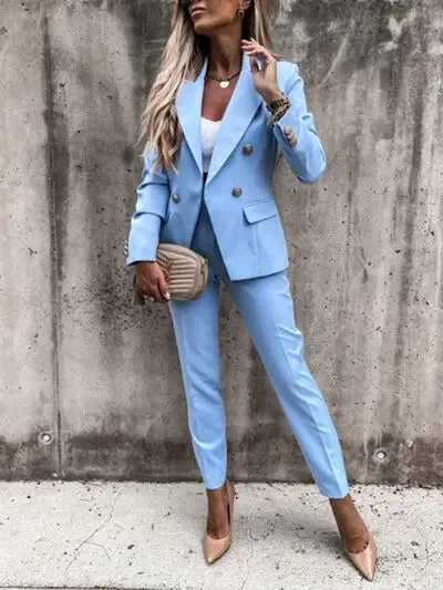 Lapel Collar Long Sleeve Blazer and Pants Set