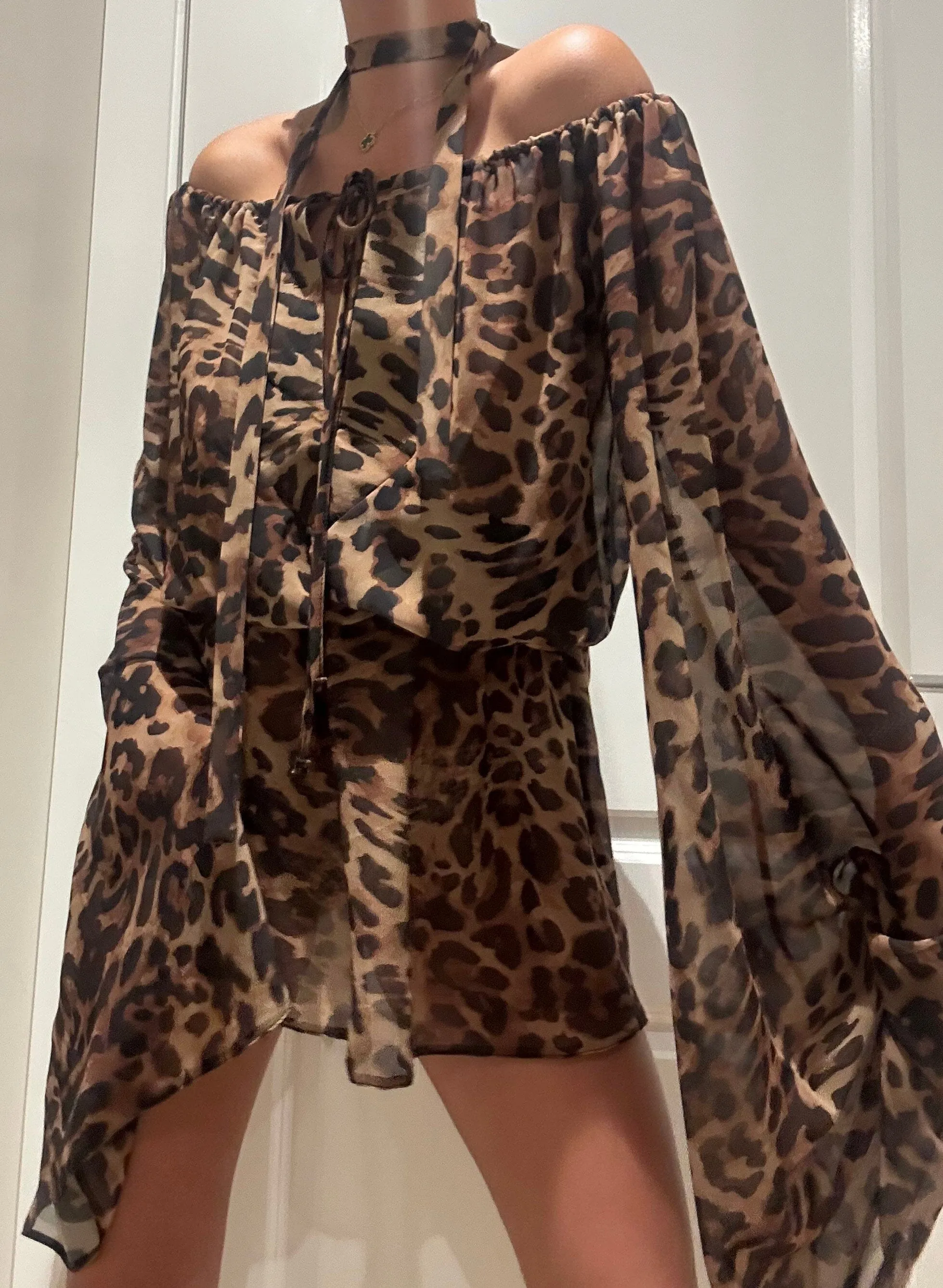 Leopard Chiffon Off Shoulder Extreme Sleeve Mini Dress