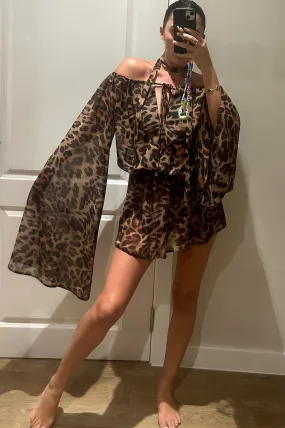 Leopard Chiffon Off Shoulder Extreme Sleeve Mini Dress