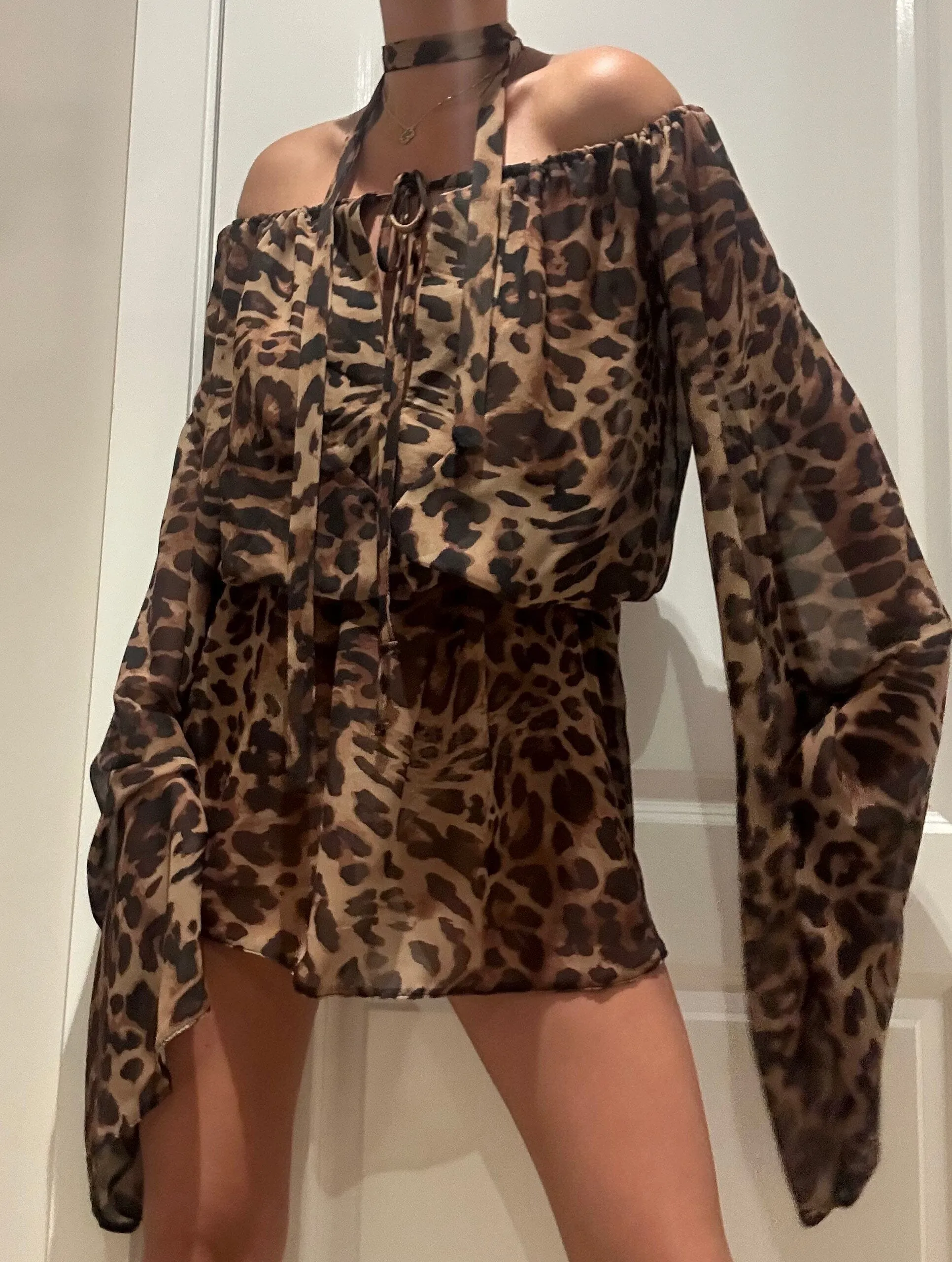 Leopard Chiffon Off Shoulder Extreme Sleeve Mini Dress