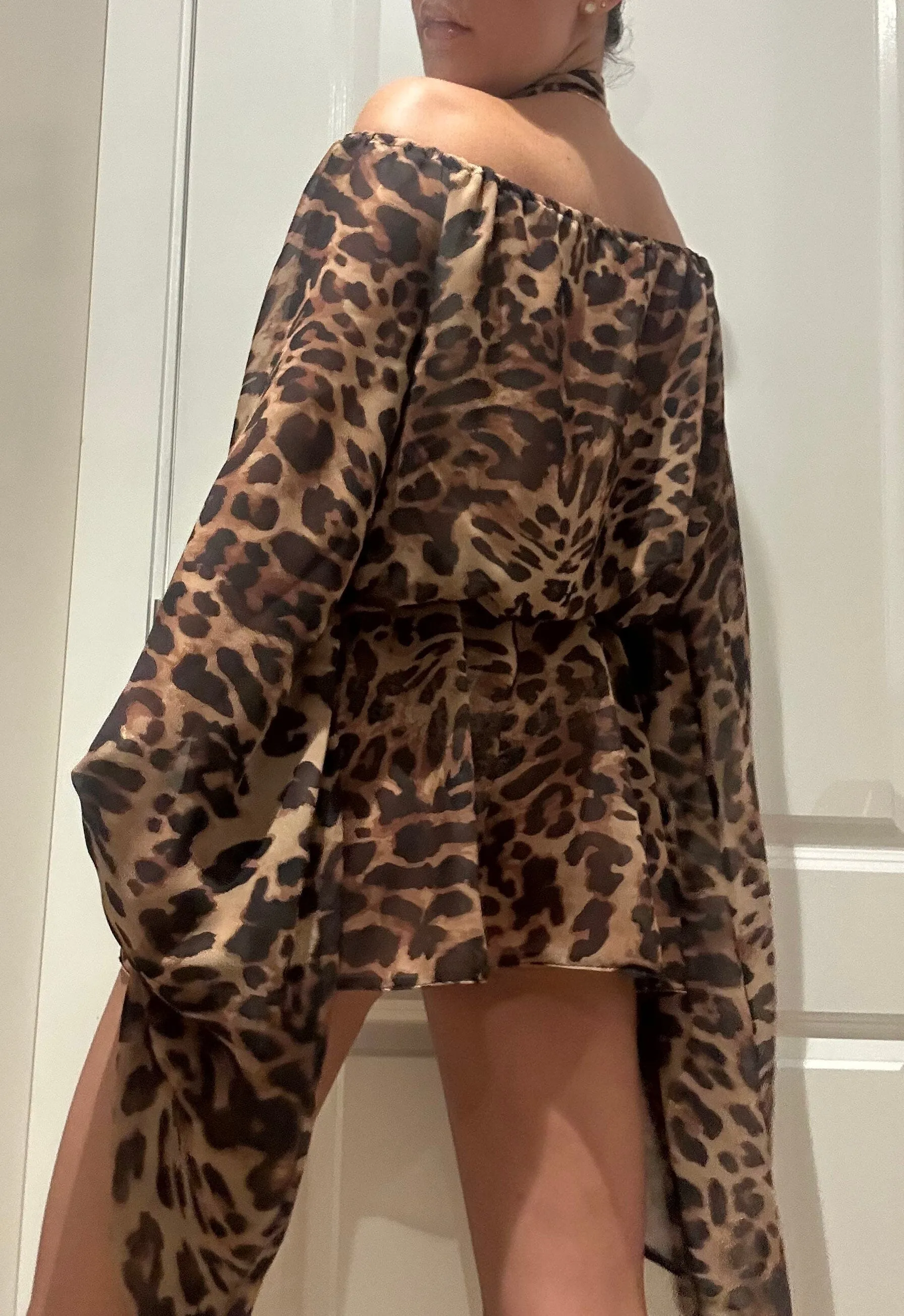 Leopard Chiffon Off Shoulder Extreme Sleeve Mini Dress