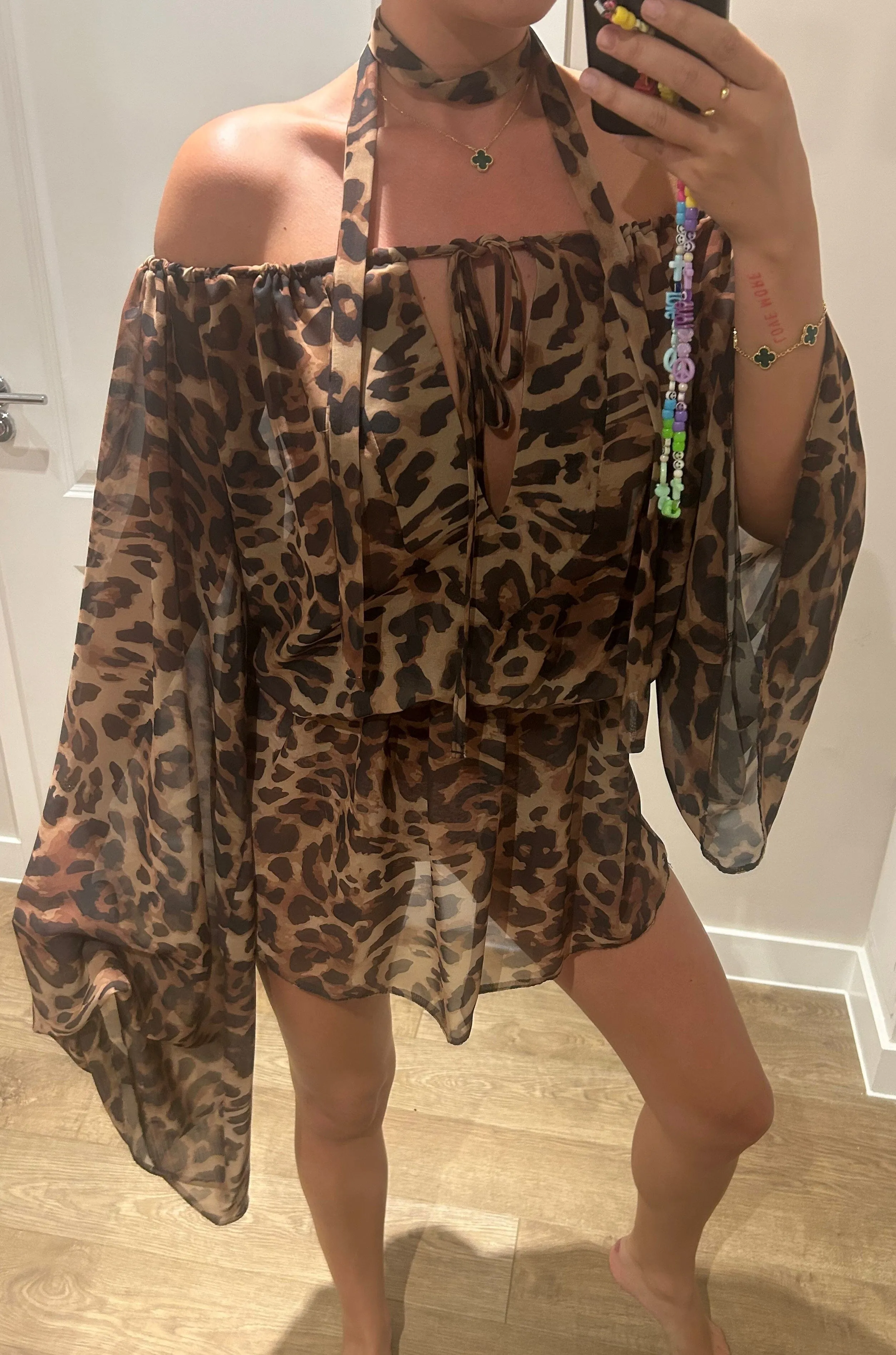 Leopard Chiffon Off Shoulder Extreme Sleeve Mini Dress