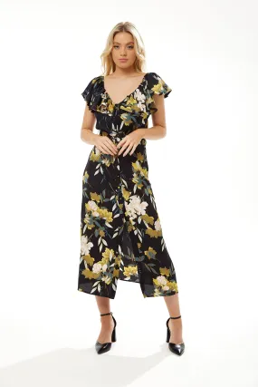 Liquorish Belted Midi Dress Off Shoulder Sleeves Navy Floral