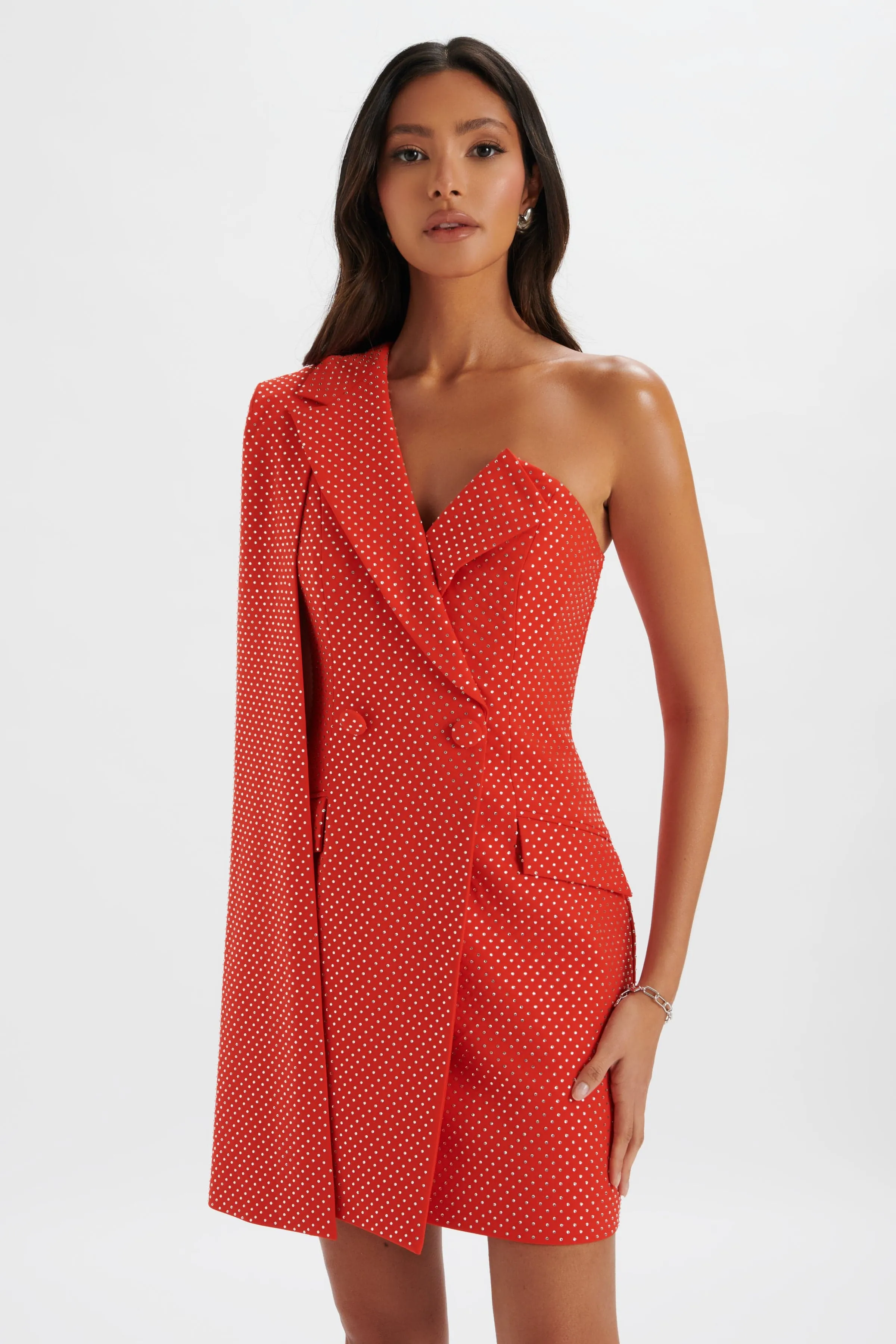 MARCY Crystal Embellished One Shoulder Cape Blazer Dress in Red