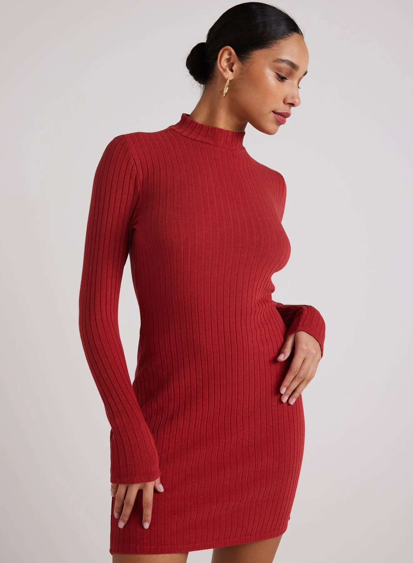 Mini Mock Neck Dress - Red Mahogany