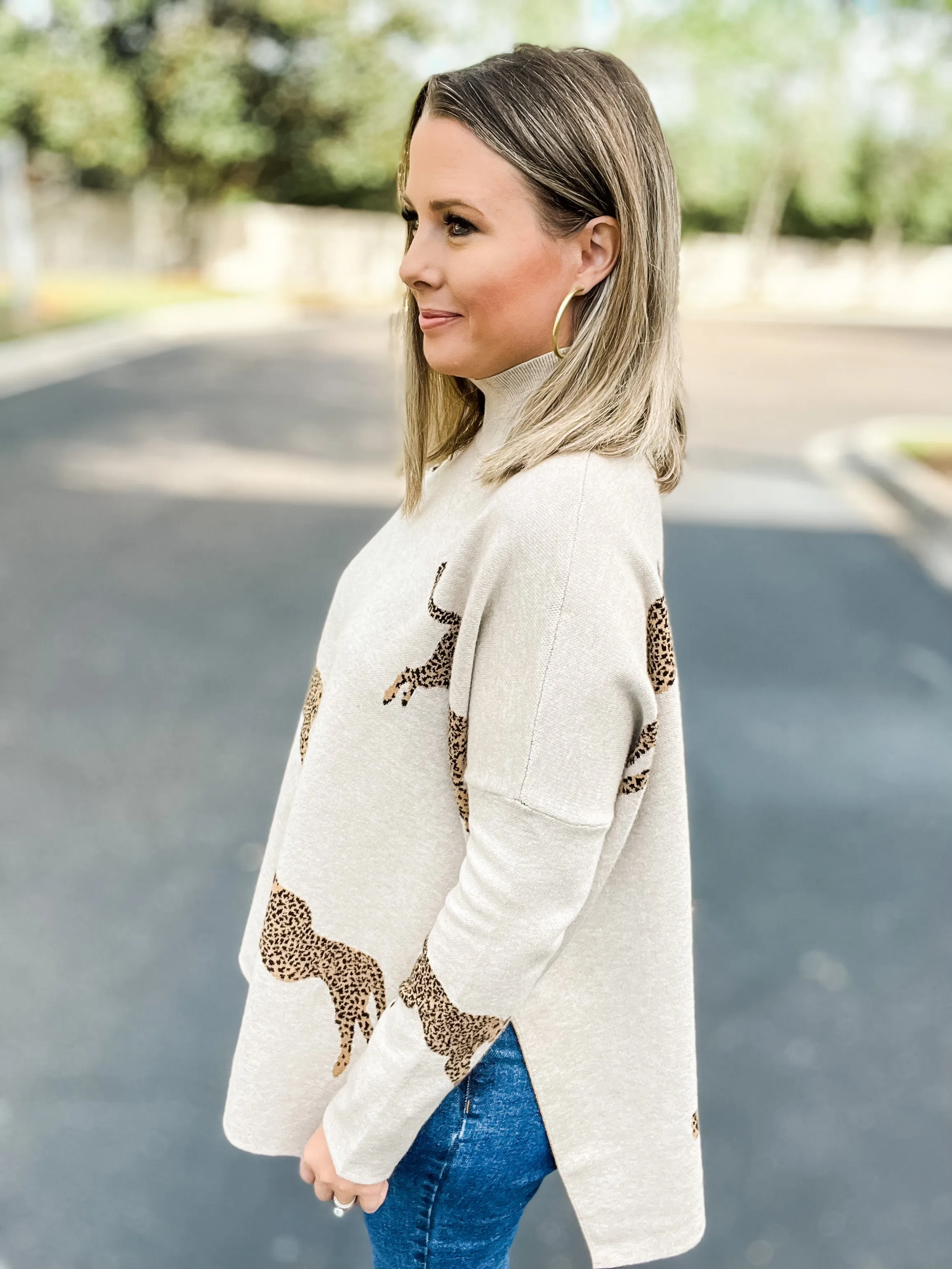 Miss Leopard Mock Neck Sweater - Oatmeal