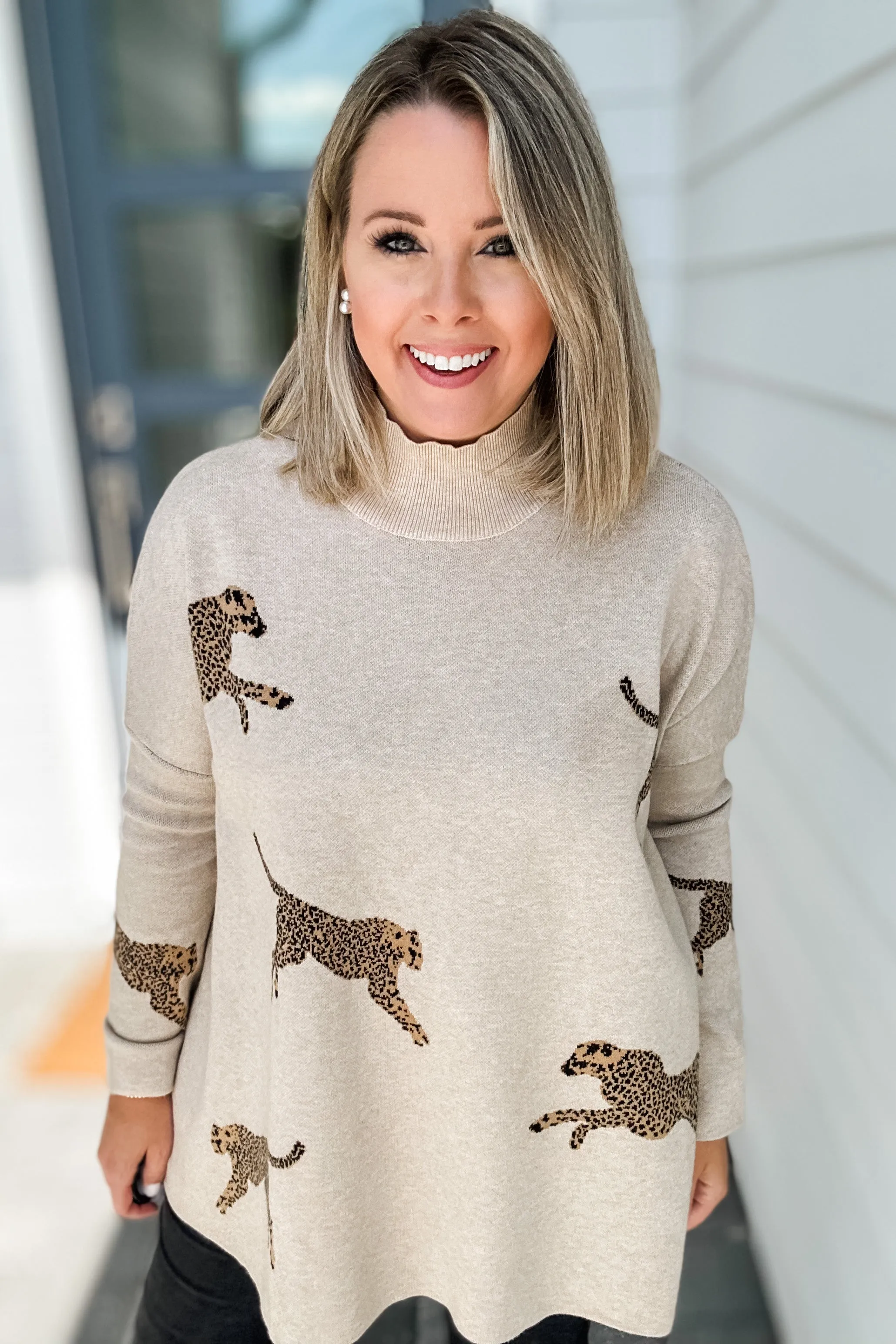 Miss Leopard Mock Neck Sweater - Oatmeal