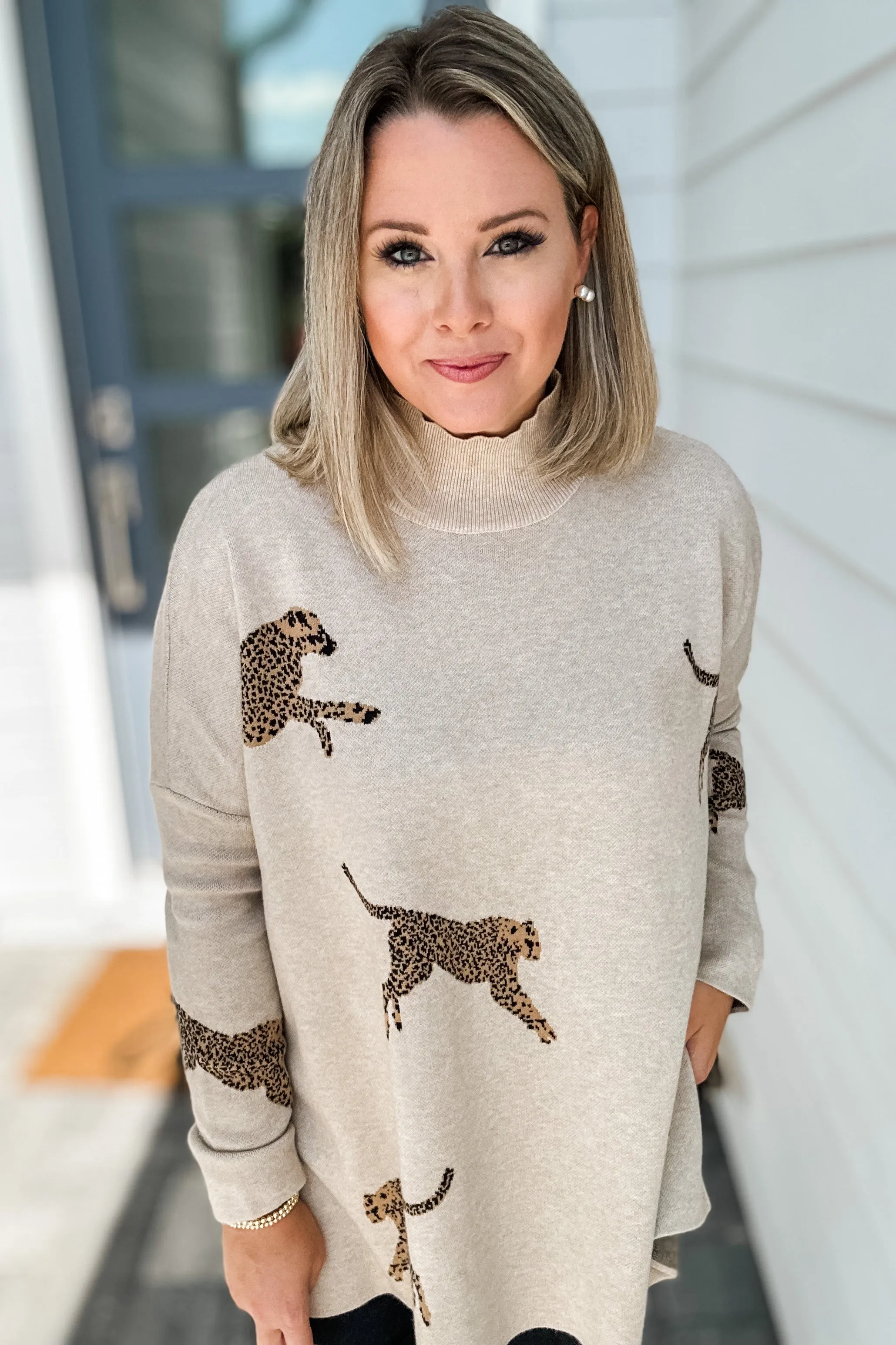 Miss Leopard Mock Neck Sweater - Oatmeal