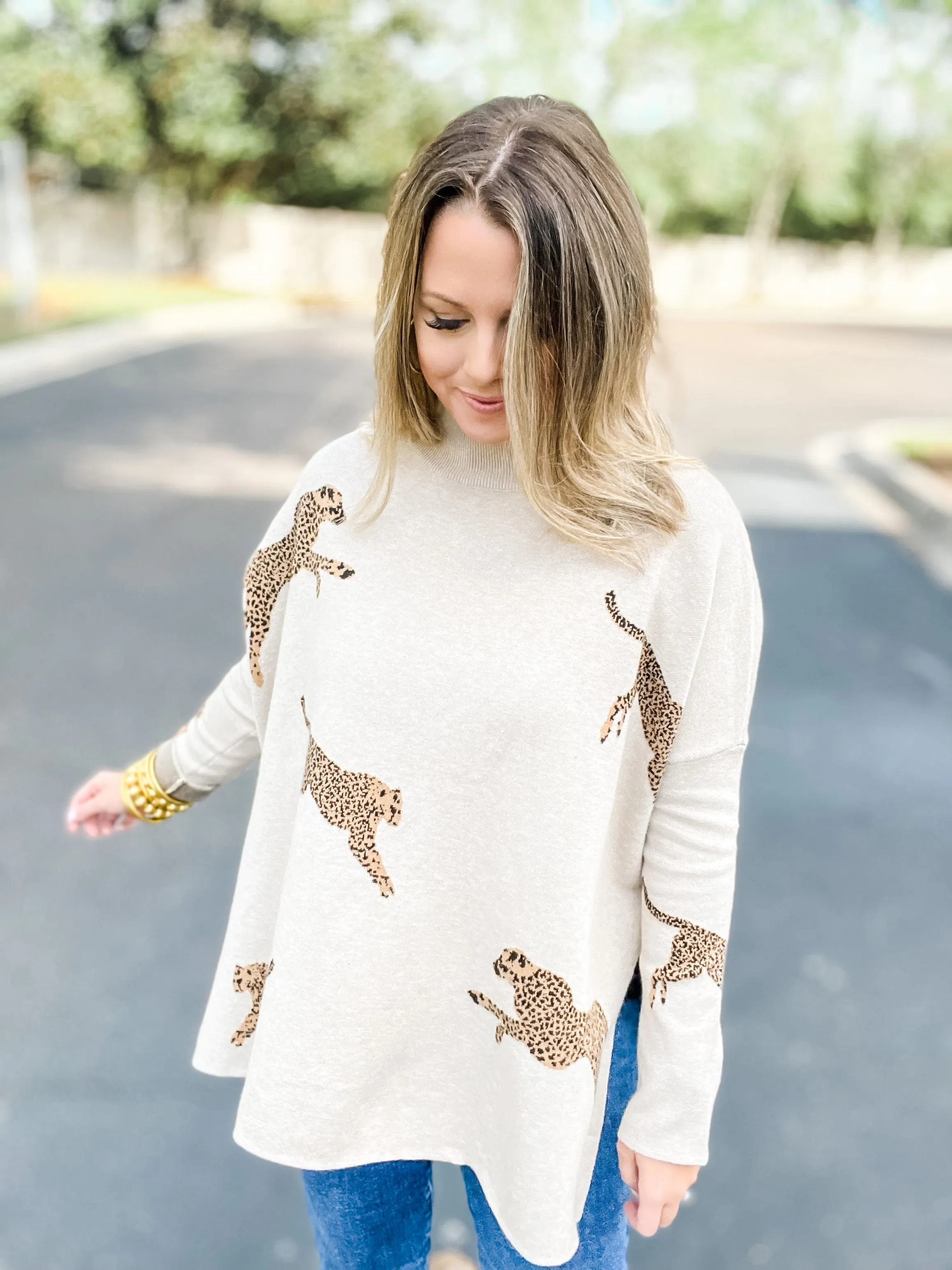 Miss Leopard Mock Neck Sweater - Oatmeal