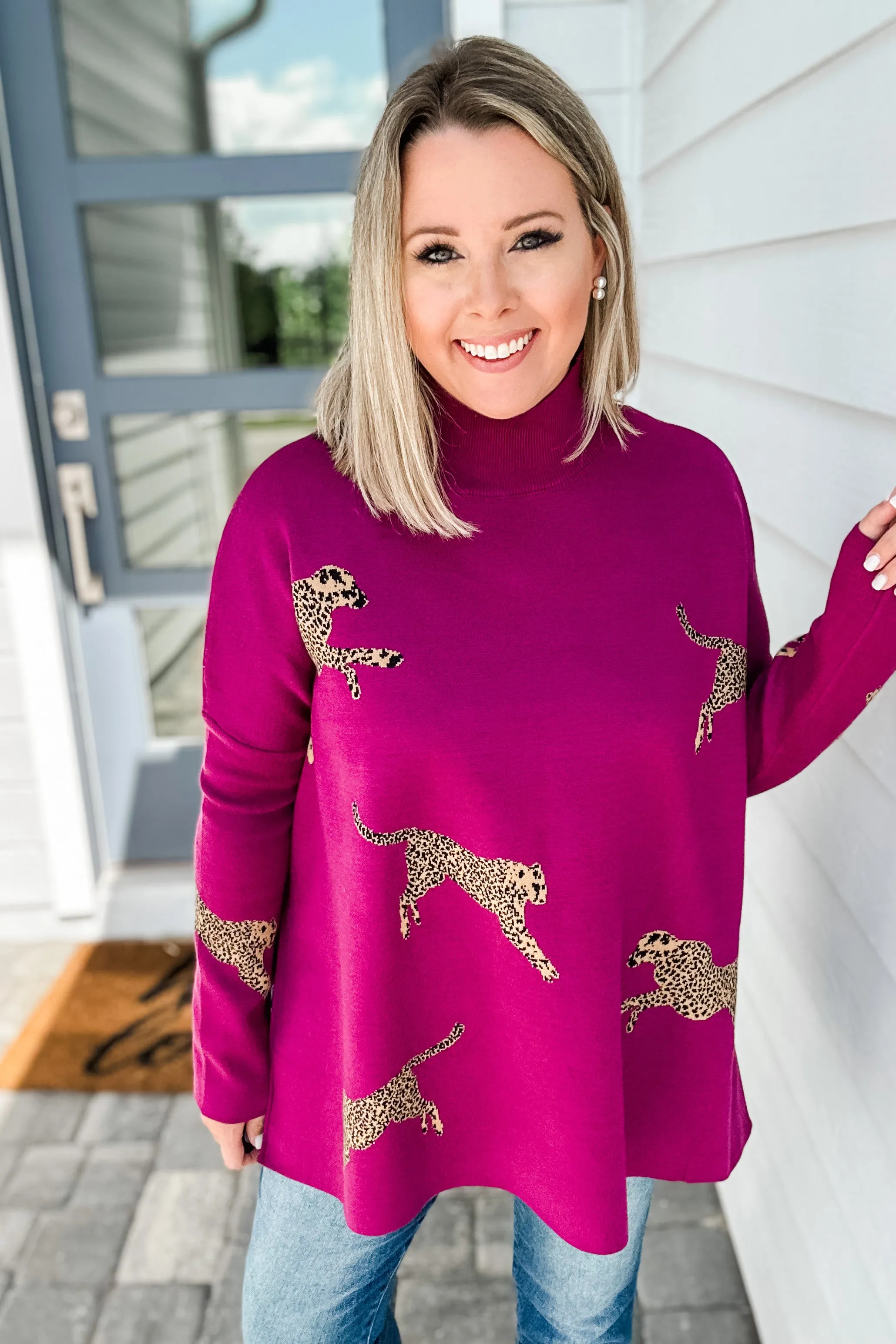 Miss Leopard Mock Neck Sweater - Plum