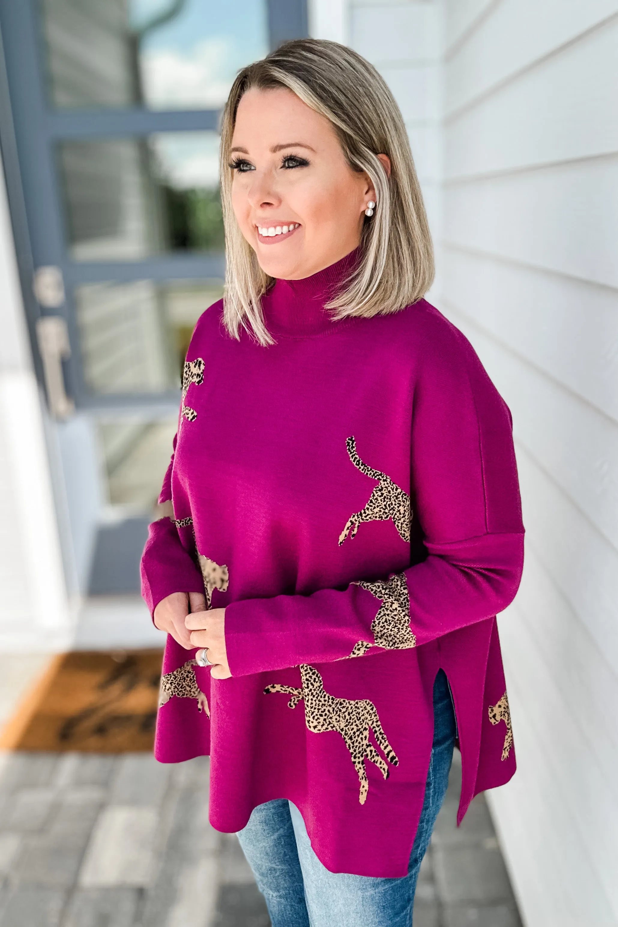 Miss Leopard Mock Neck Sweater - Plum