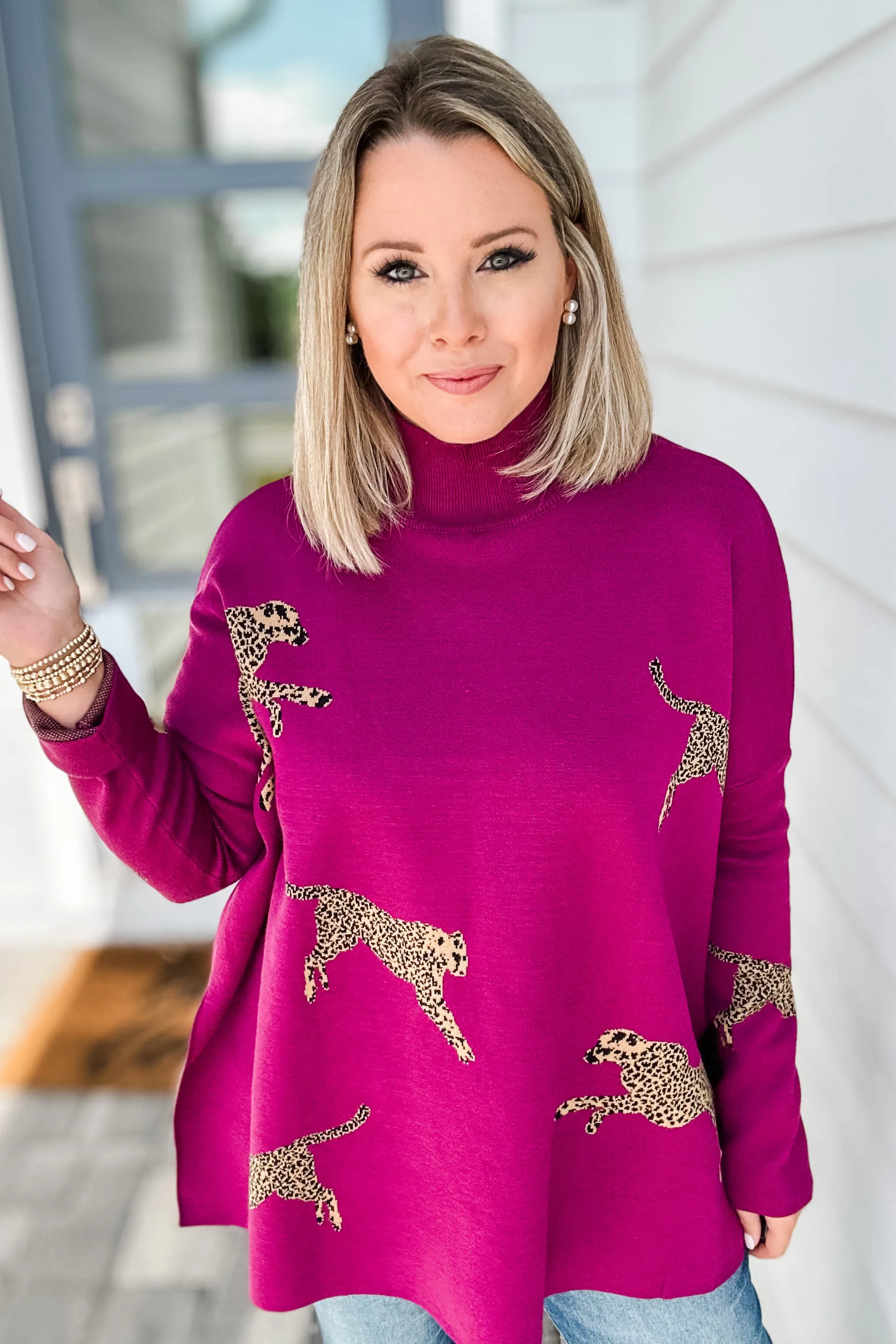 Miss Leopard Mock Neck Sweater - Plum