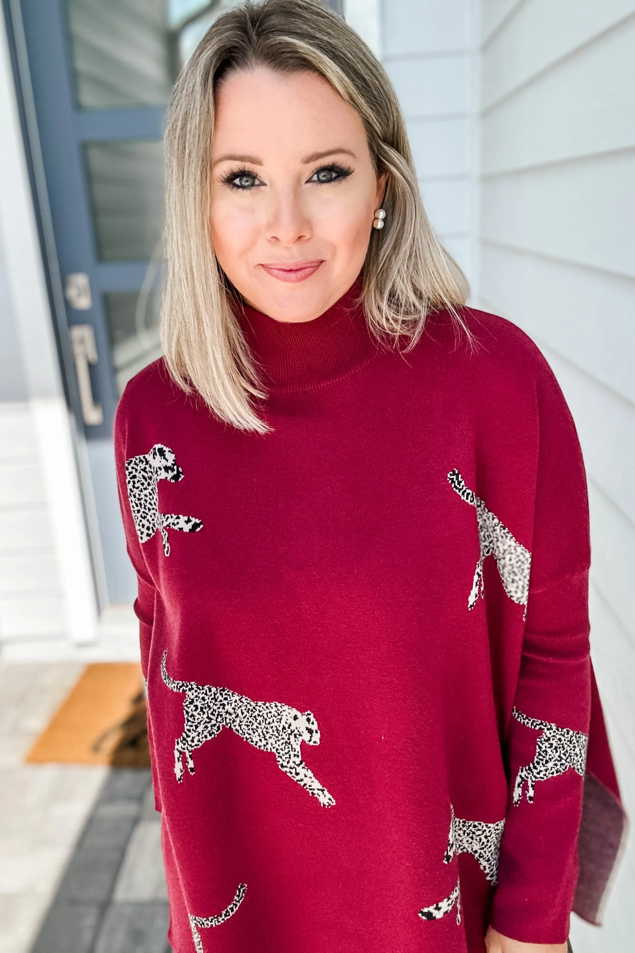 Miss Leopard Mock Neck Sweater- Burgundy