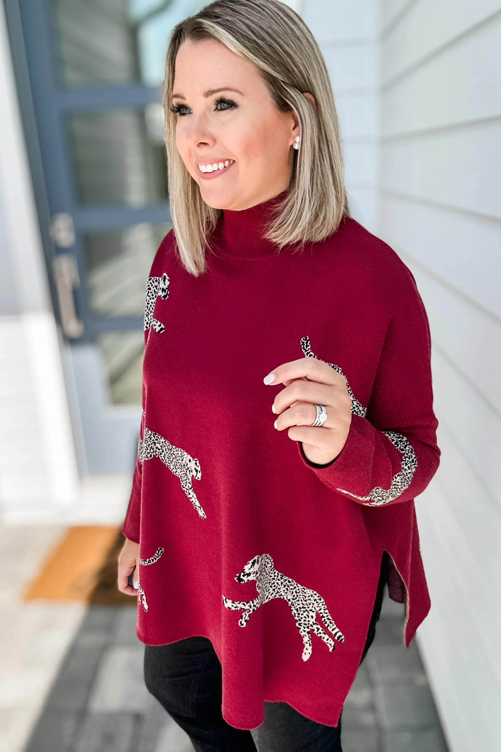 Miss Leopard Mock Neck Sweater- Burgundy