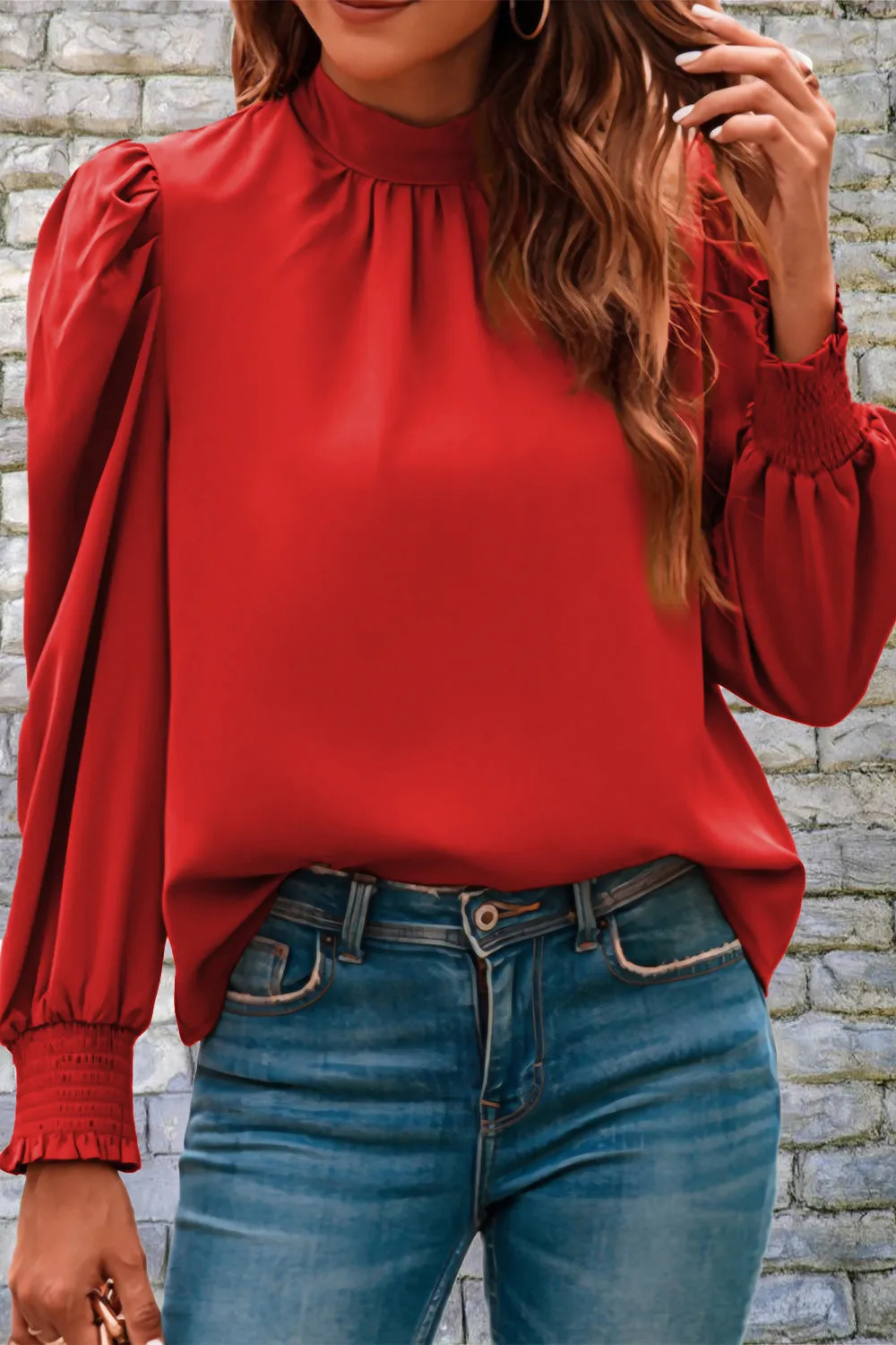 Mock Neck Puff Sleeve Blouse