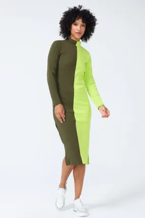 Mock Neck Rib Dress in Uniform Green and Acid Lime