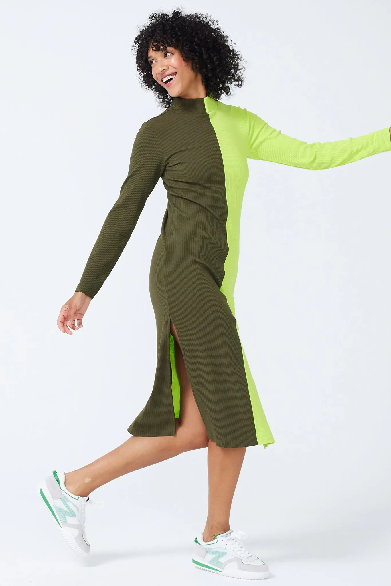 Mock Neck Rib Dress in Uniform Green and Acid Lime