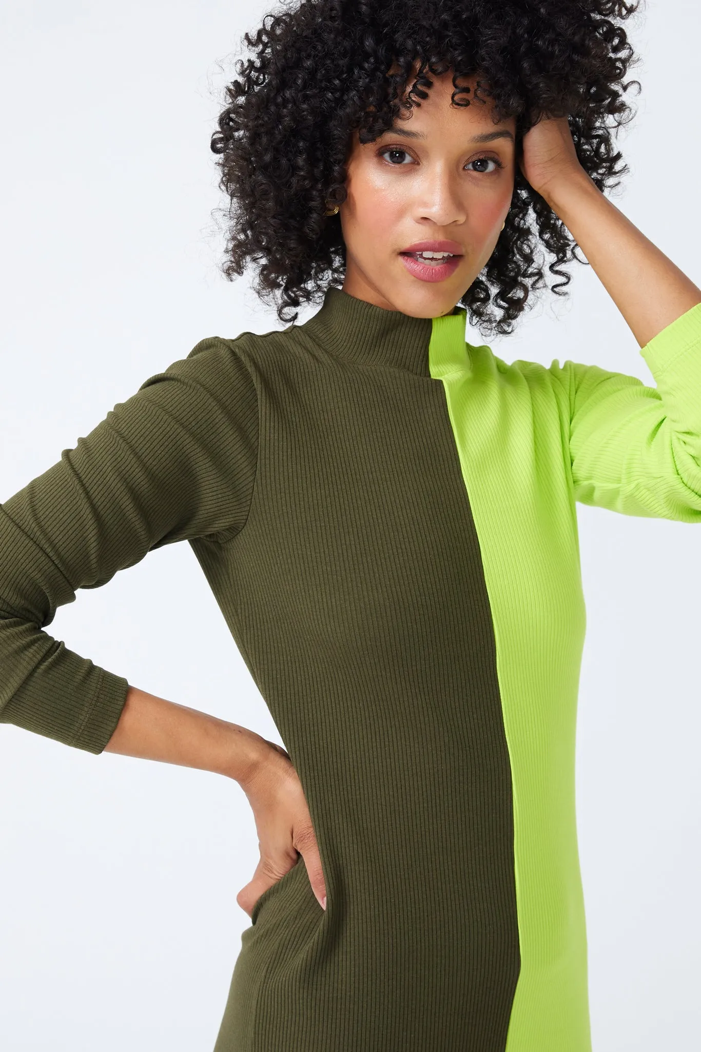 Mock Neck Rib Dress in Uniform Green and Acid Lime