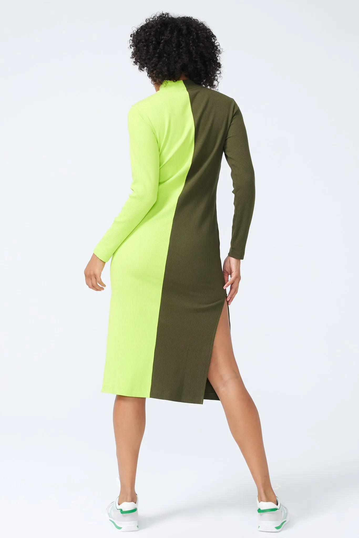 Mock Neck Rib Dress in Uniform Green and Acid Lime