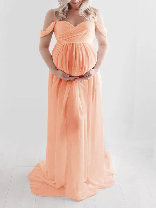 Momnfancy Slit Off Shoulder Photoshot Flowy Maxi Maternity Dress