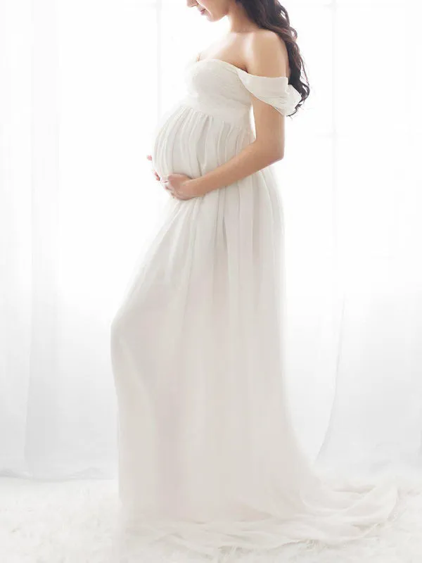 Momnfancy Slit Off Shoulder Photoshot Flowy Maxi Maternity Dress