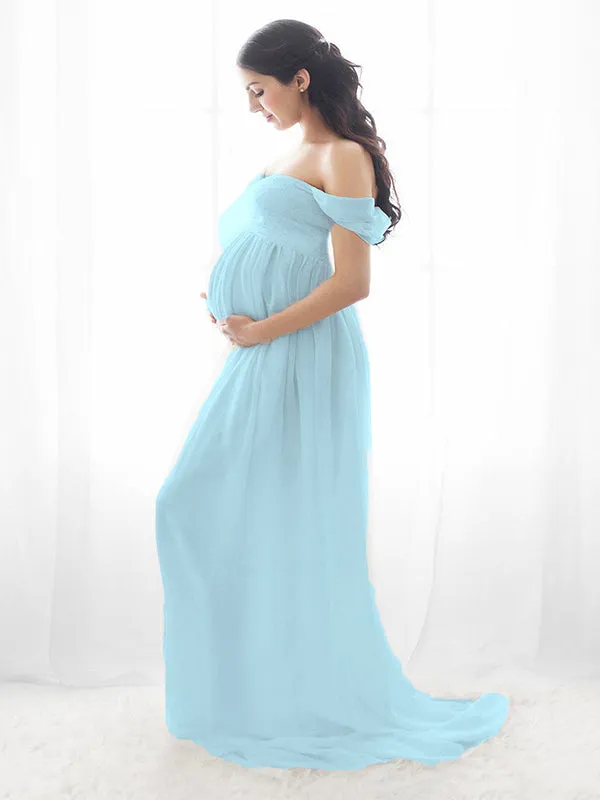 Momnfancy Slit Off Shoulder Photoshot Flowy Maxi Maternity Dress