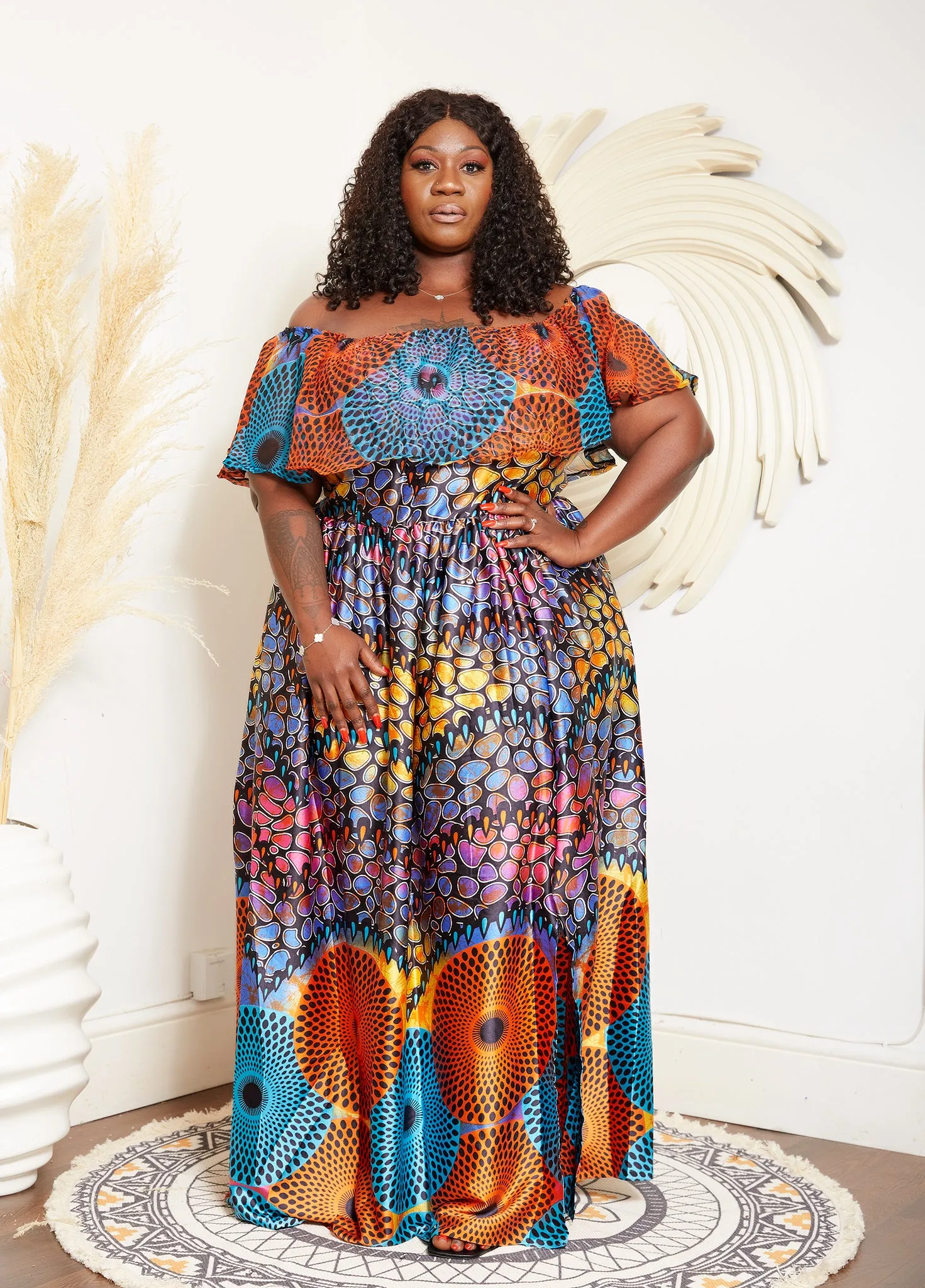 Multicoloured Adire Silk Print Maxi Off Shoulder Dress - Uduak