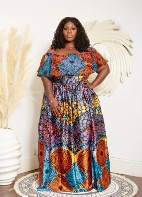 Multicoloured Adire Silk Print Maxi Off Shoulder Dress - Uduak