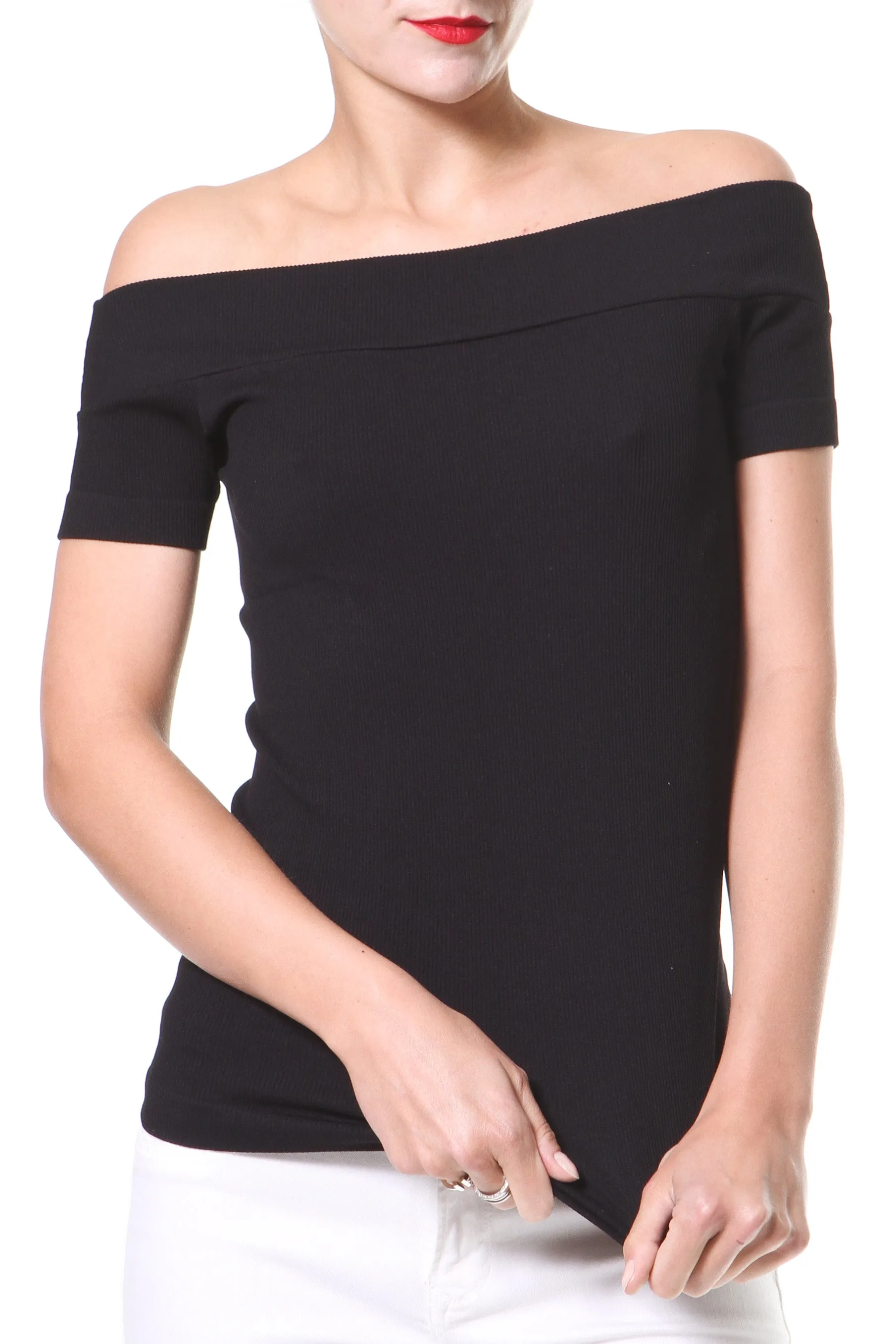 Off Shoulder Ribbed Seamless Knit Top