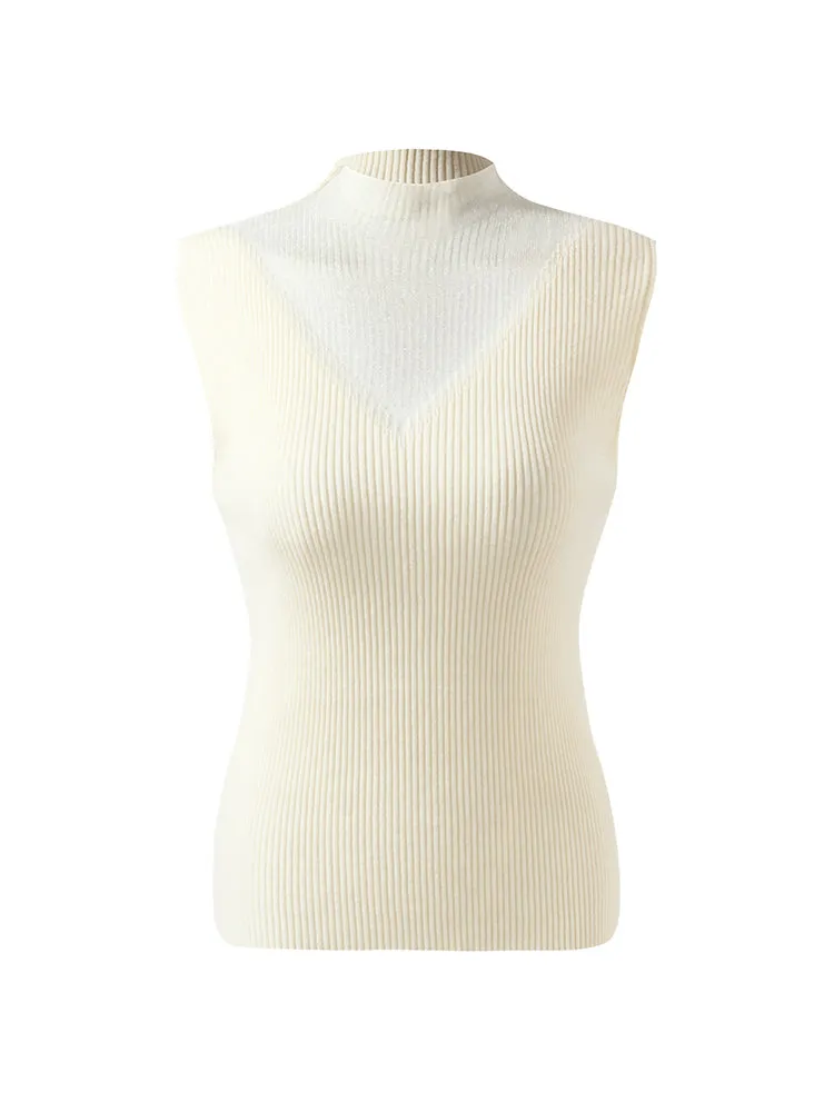 Patchwork Mock Neck Women Knitted Tank Top