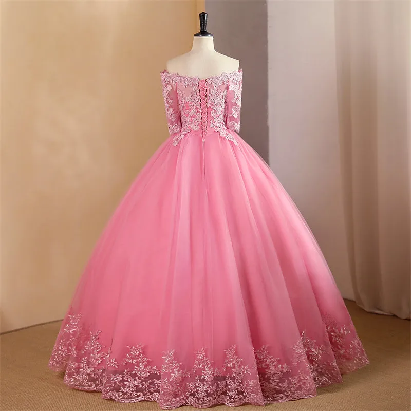 Pink Ball Gown Off Shoulder Graduation Party Dress