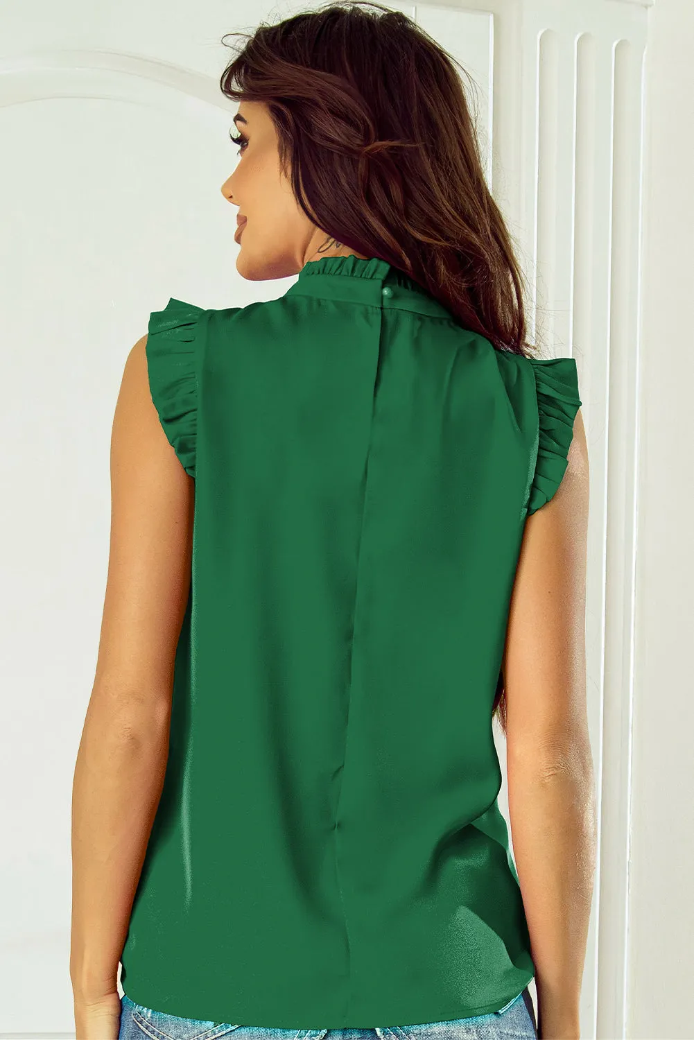 Pleated Mock Neck Frilled Trim Sleeveless Top