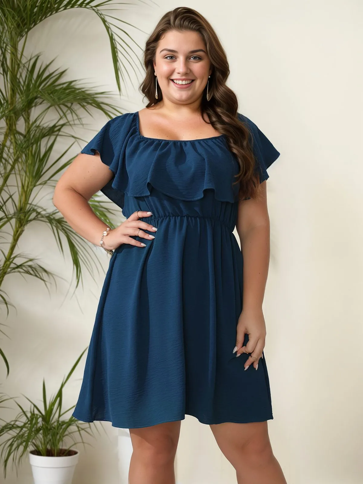 [Plus Size] 1950s Solid Ruffle Neck Off Shoulder Dress