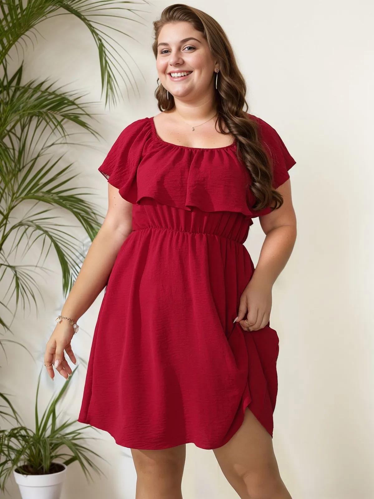 [Plus Size] 1950s Solid Ruffle Neck Off Shoulder Dress