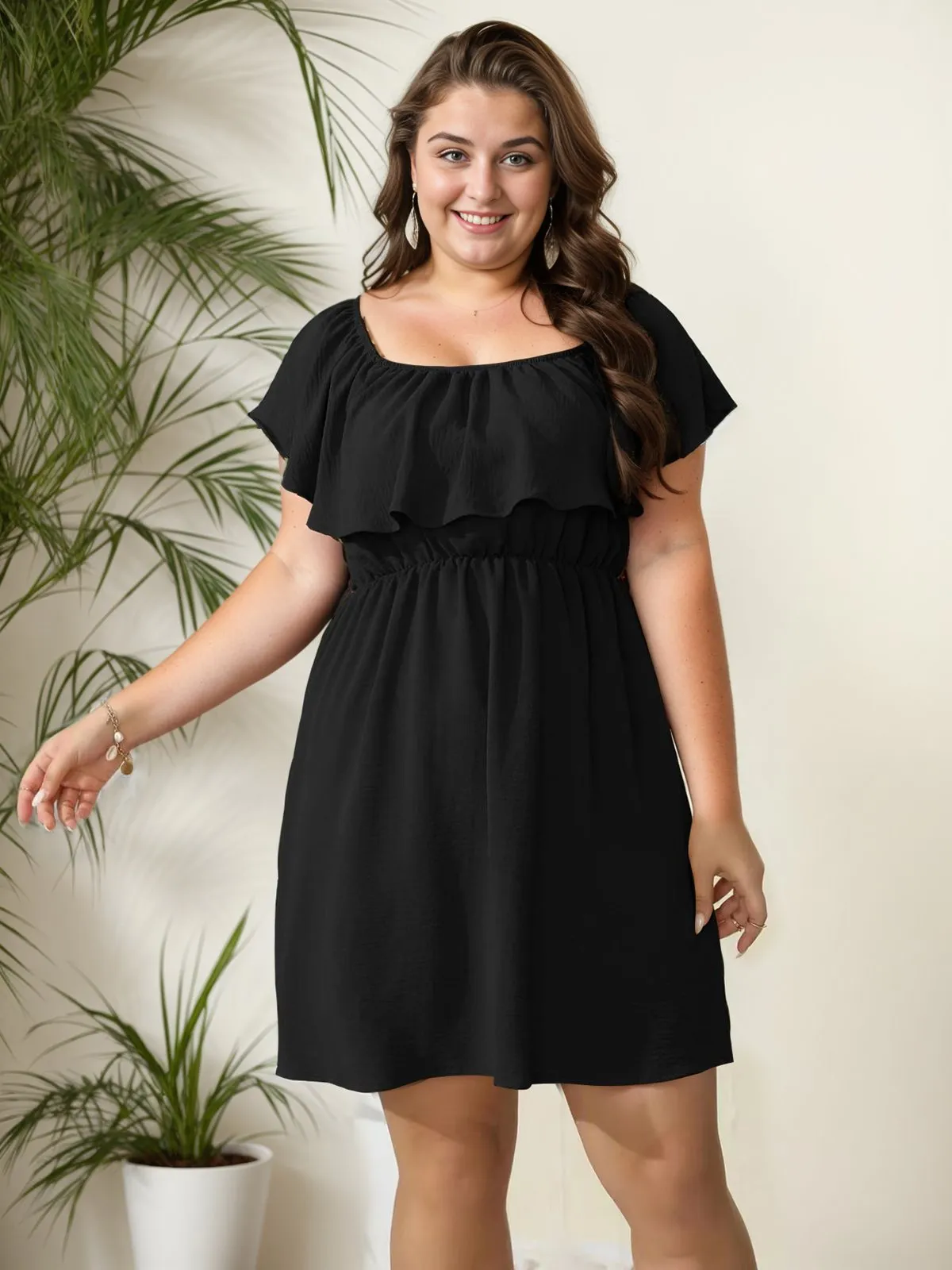 [Plus Size] 1950s Solid Ruffle Neck Off Shoulder Dress