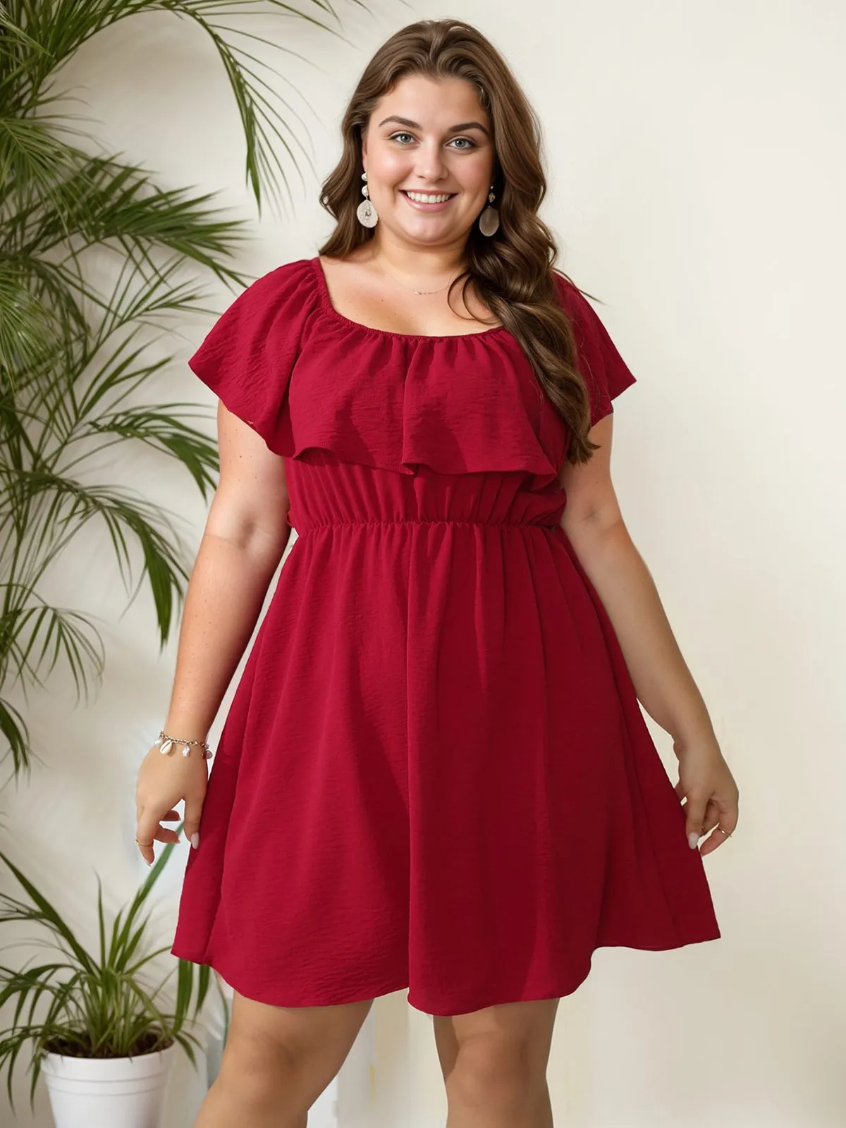 [Plus Size] 1950s Solid Ruffle Neck Off Shoulder Dress