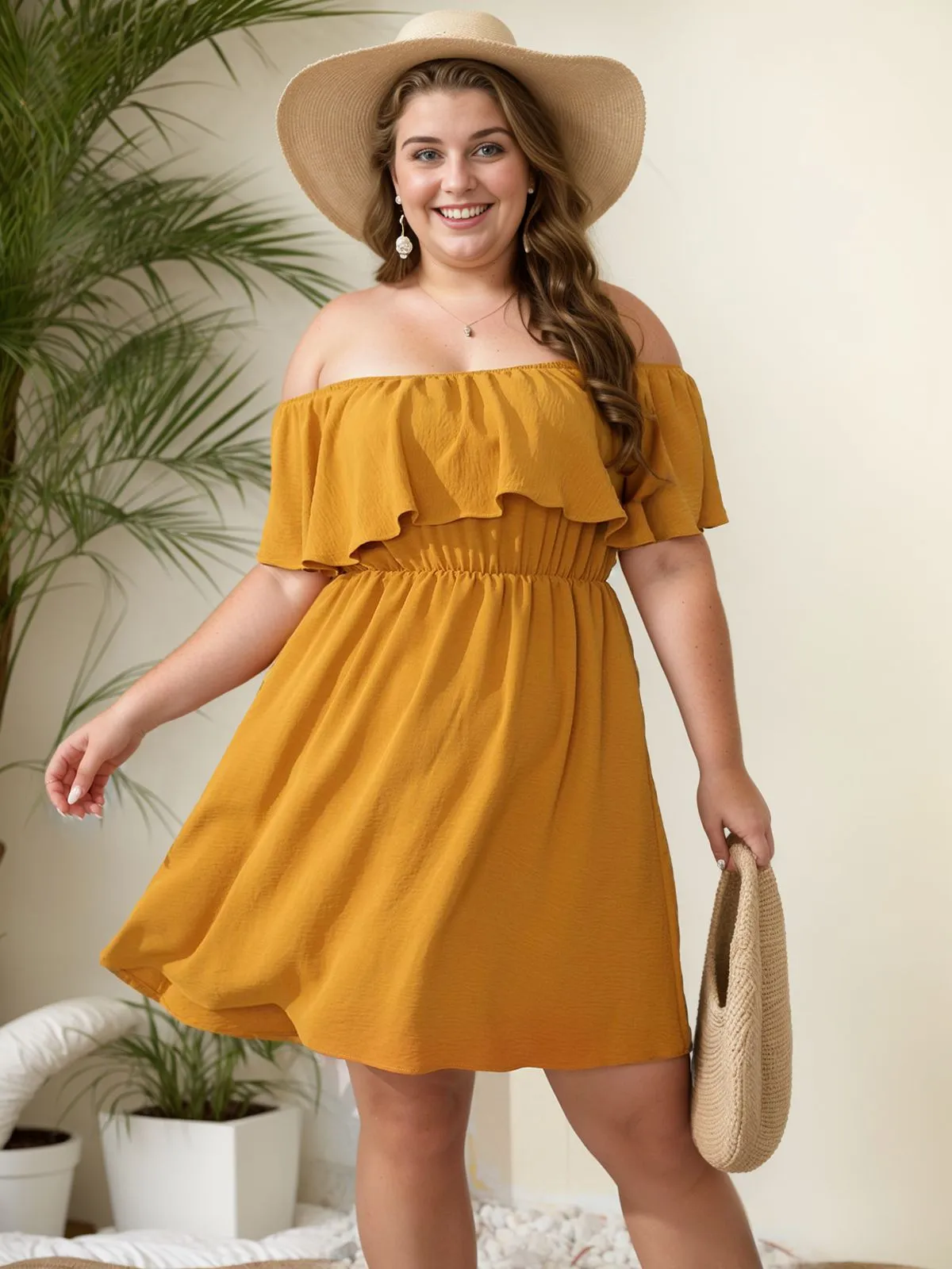 [Plus Size] 1950s Solid Ruffle Neck Off Shoulder Dress