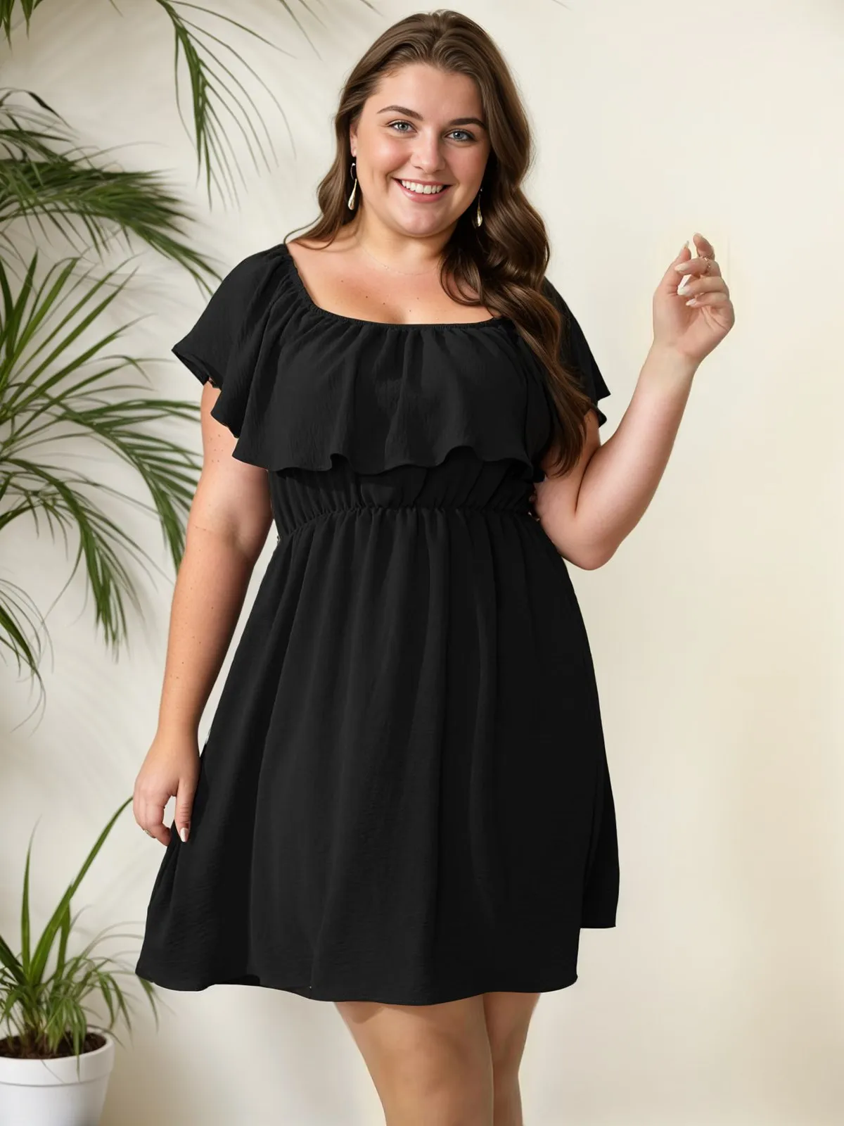 [Plus Size] 1950s Solid Ruffle Neck Off Shoulder Dress