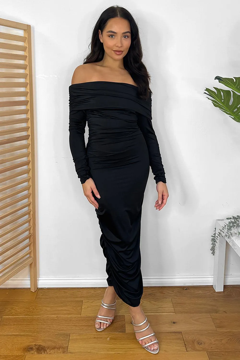 Ruched Satin Off Shoulder Maxi Dress