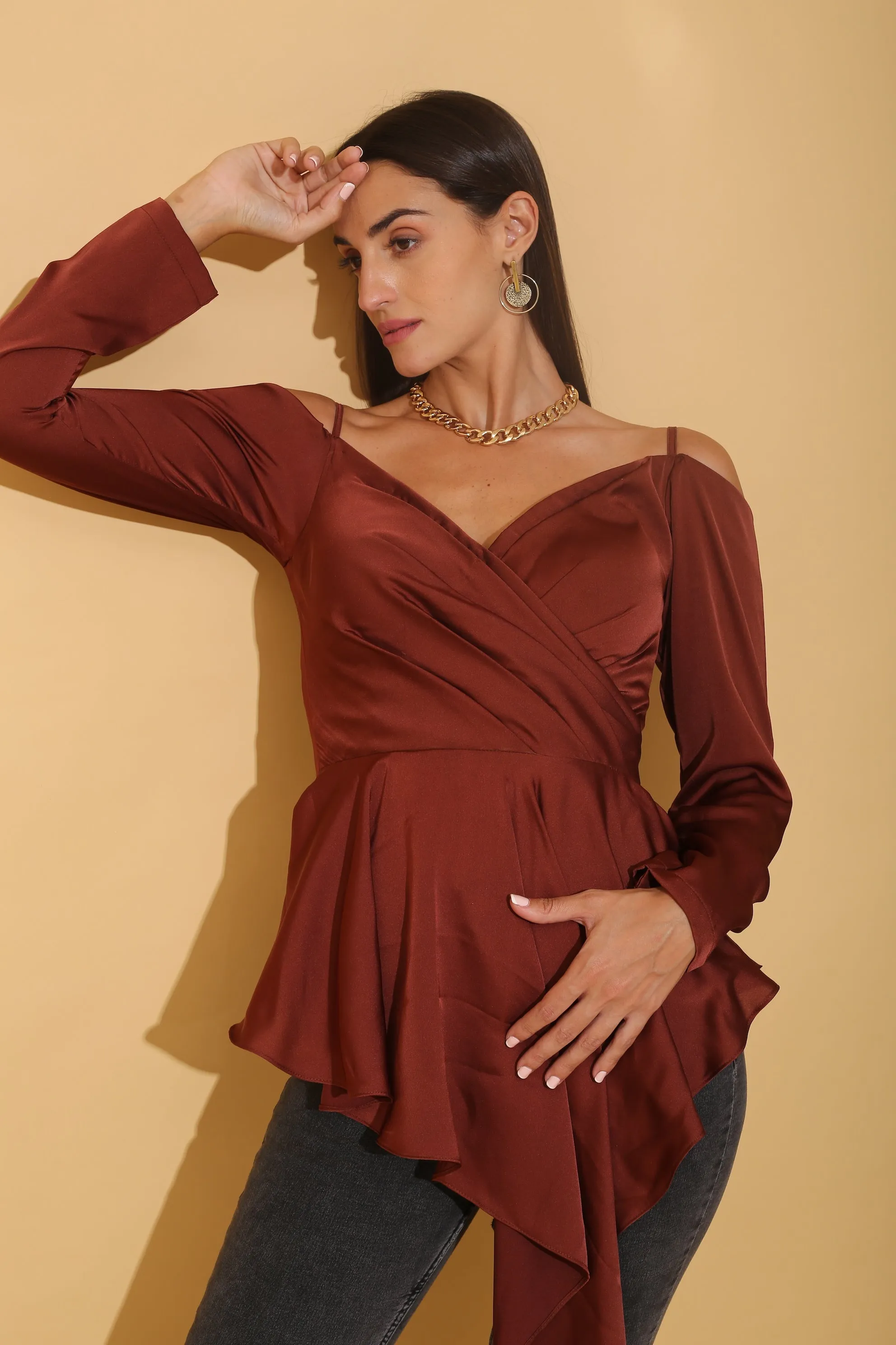 Rust Cold Shoulder Draped Top