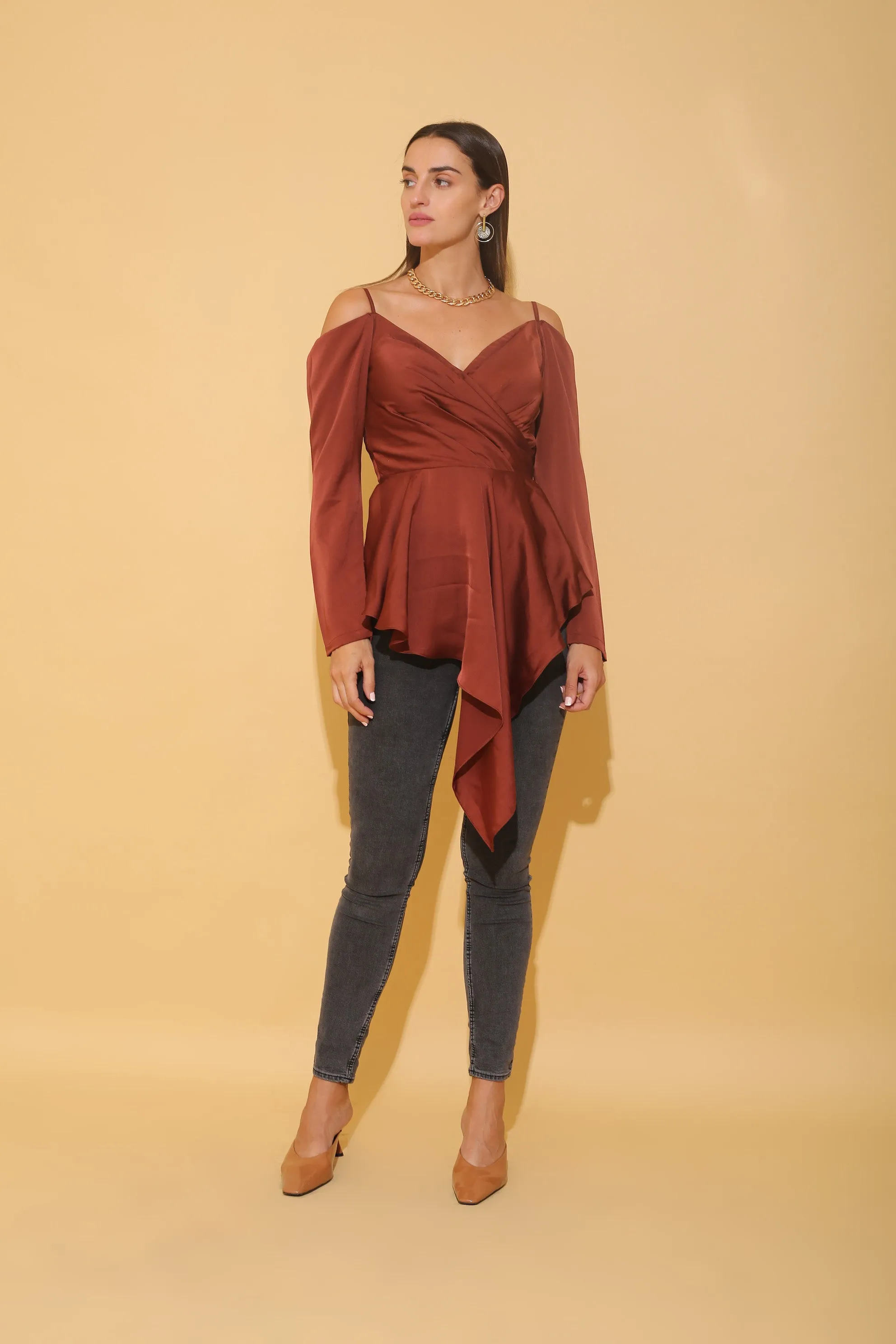 Rust Cold Shoulder Draped Top