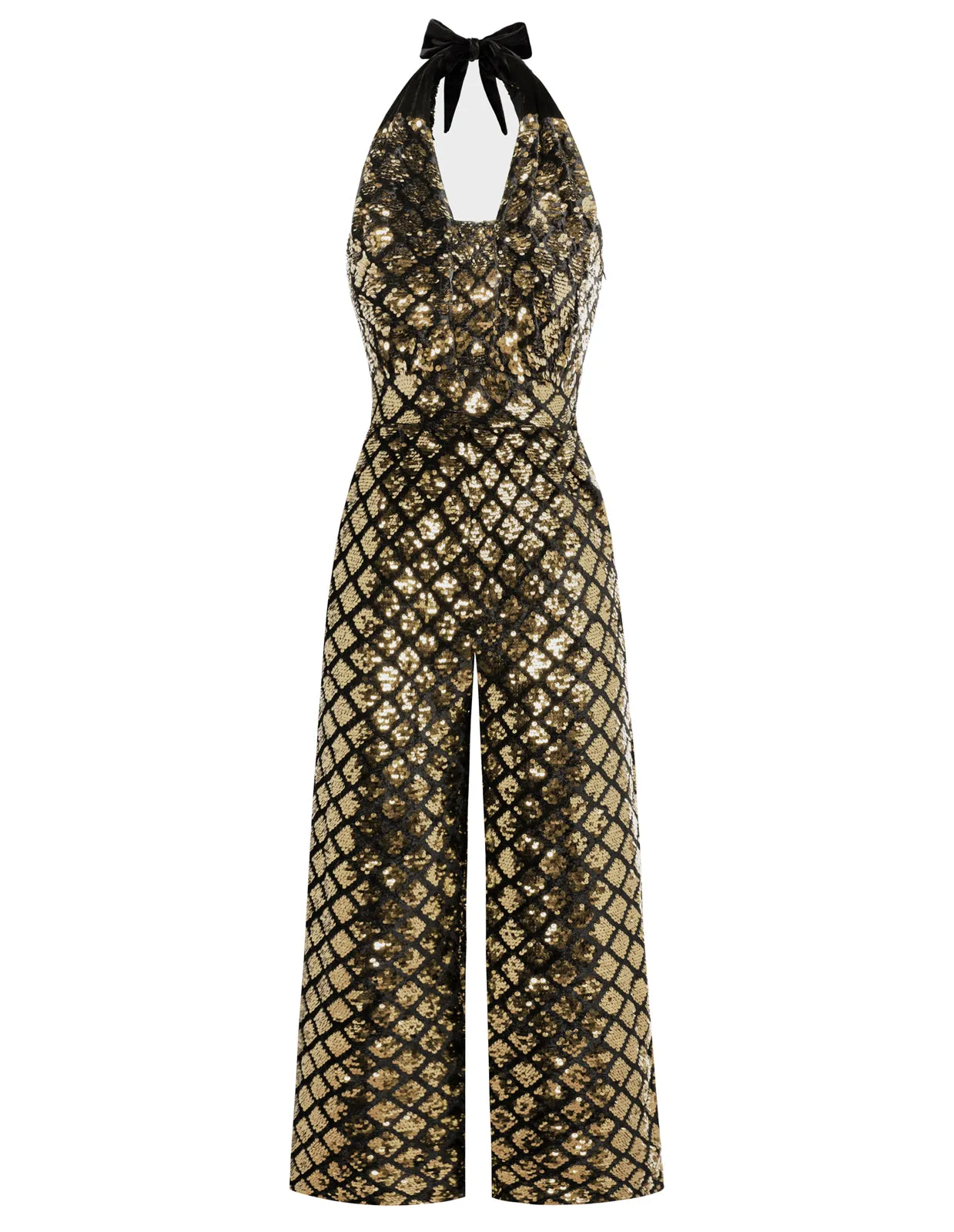 Sequined Jumpsuit Defined Waist Backless Halterneck Jumpsuit